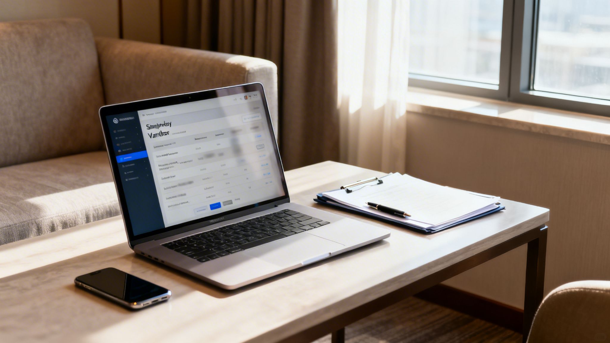 Configuración de trabajo en una habitación luminosa de hotel con laptop, teléfono, documentos y sofá.