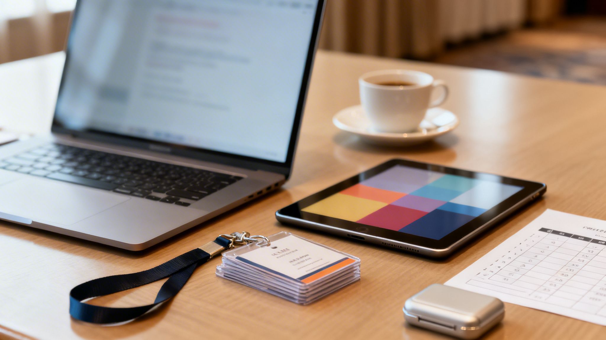 Espacio de trabajo en un hotel con portátil, tablet, café, identificaciones y documentos sobre mesa de madera.