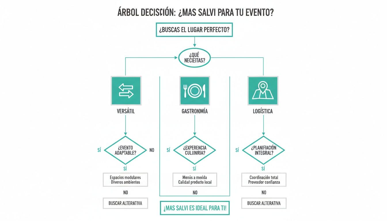 Diagrama de flujo para decidir si Mas Salvi es el lugar ideal para tu evento, basado en necesidades de versatilidad, gastronomía y logística.