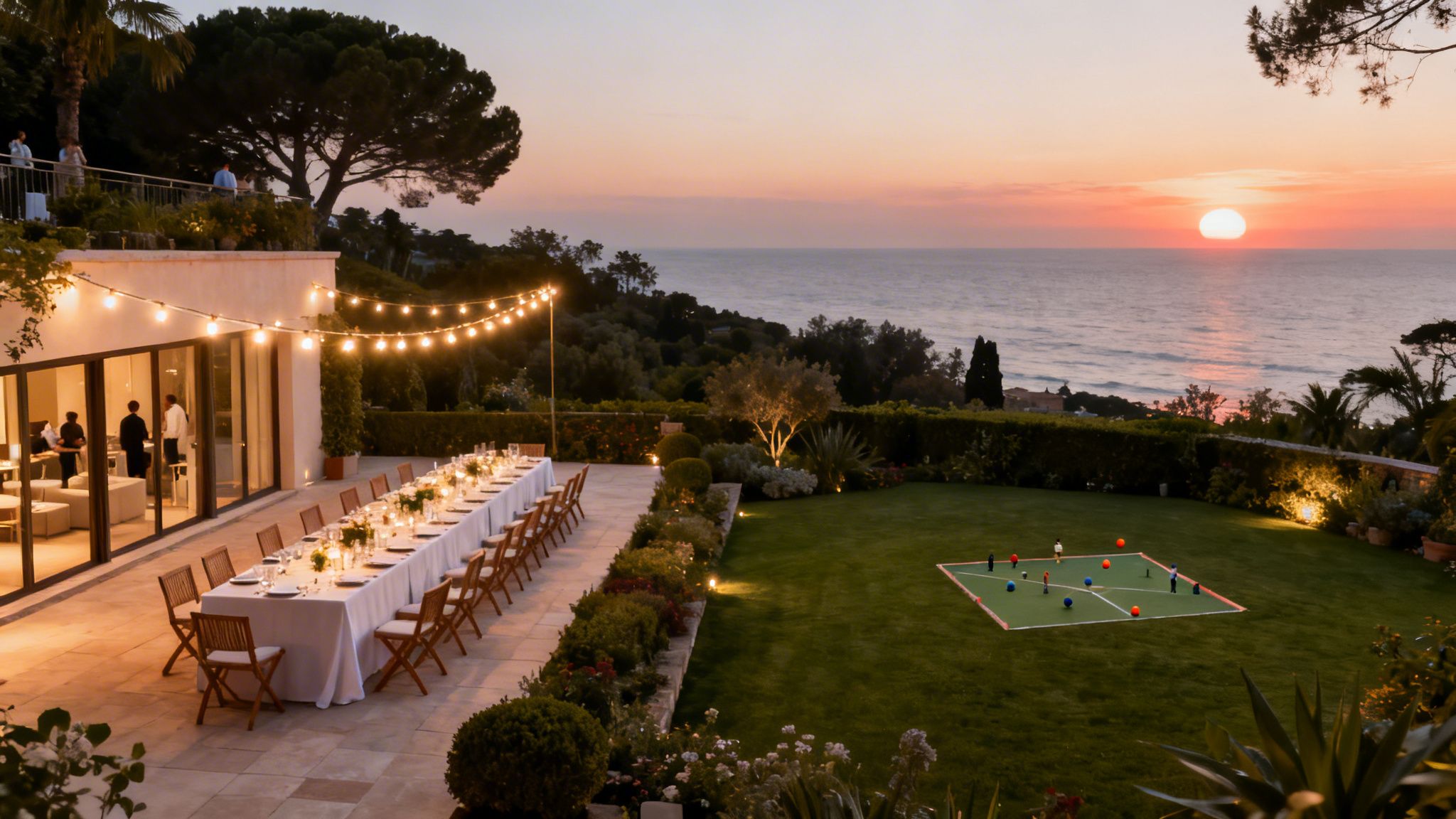 Cena al aire libre al atardecer en un restaurante con vistas al mar, luces de fiesta y un jardín.