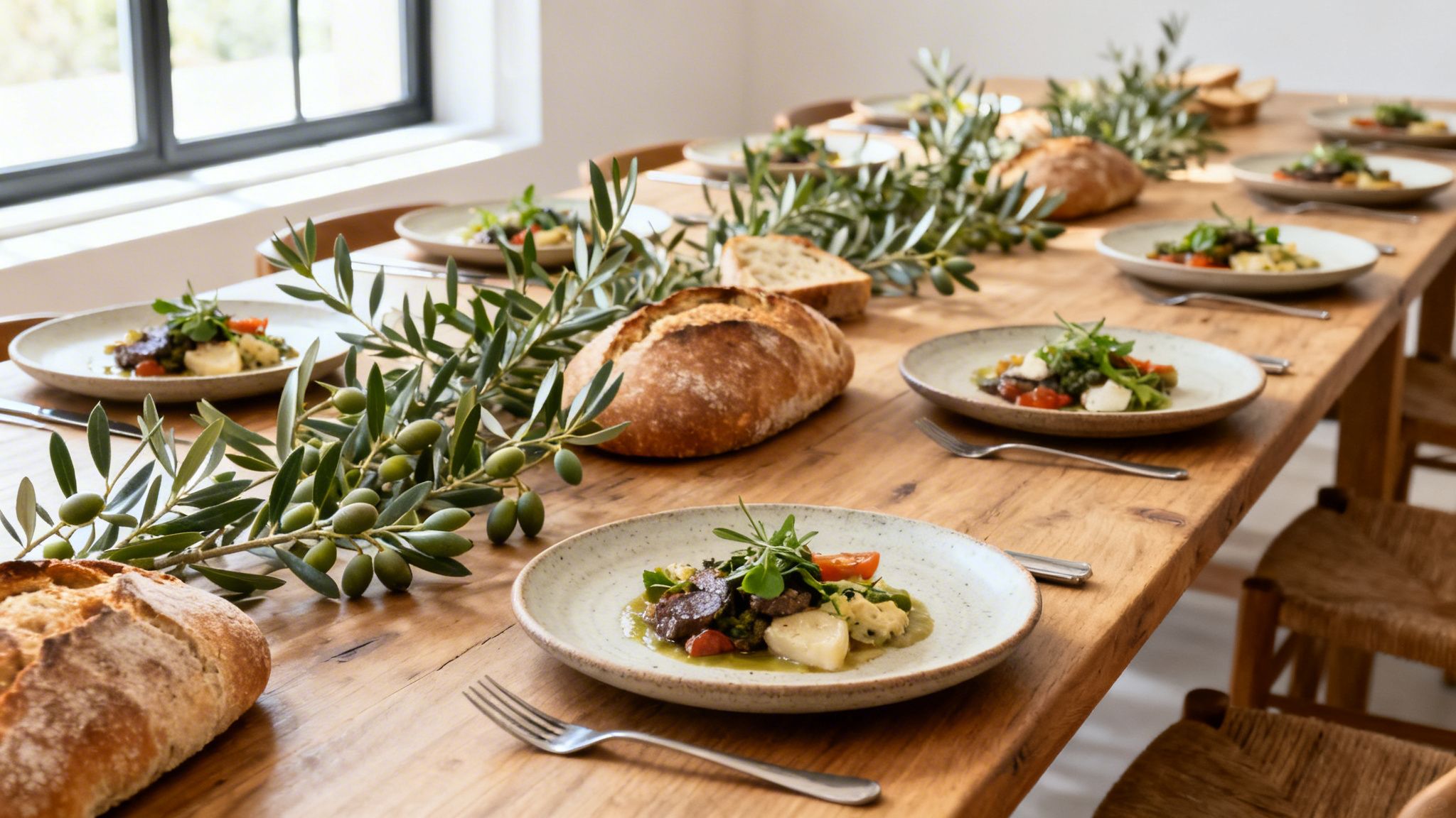 Una mesa de comedor de madera rústica con platos de comida, pan fresco y ramas de olivo.
