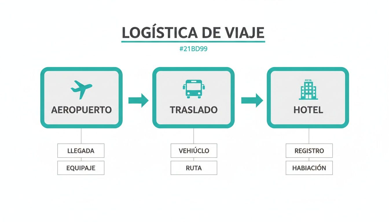 Diagrama de flujo de logística de viaje detallando aeropuerto, traslado y hotel con sus respectivos pasos.