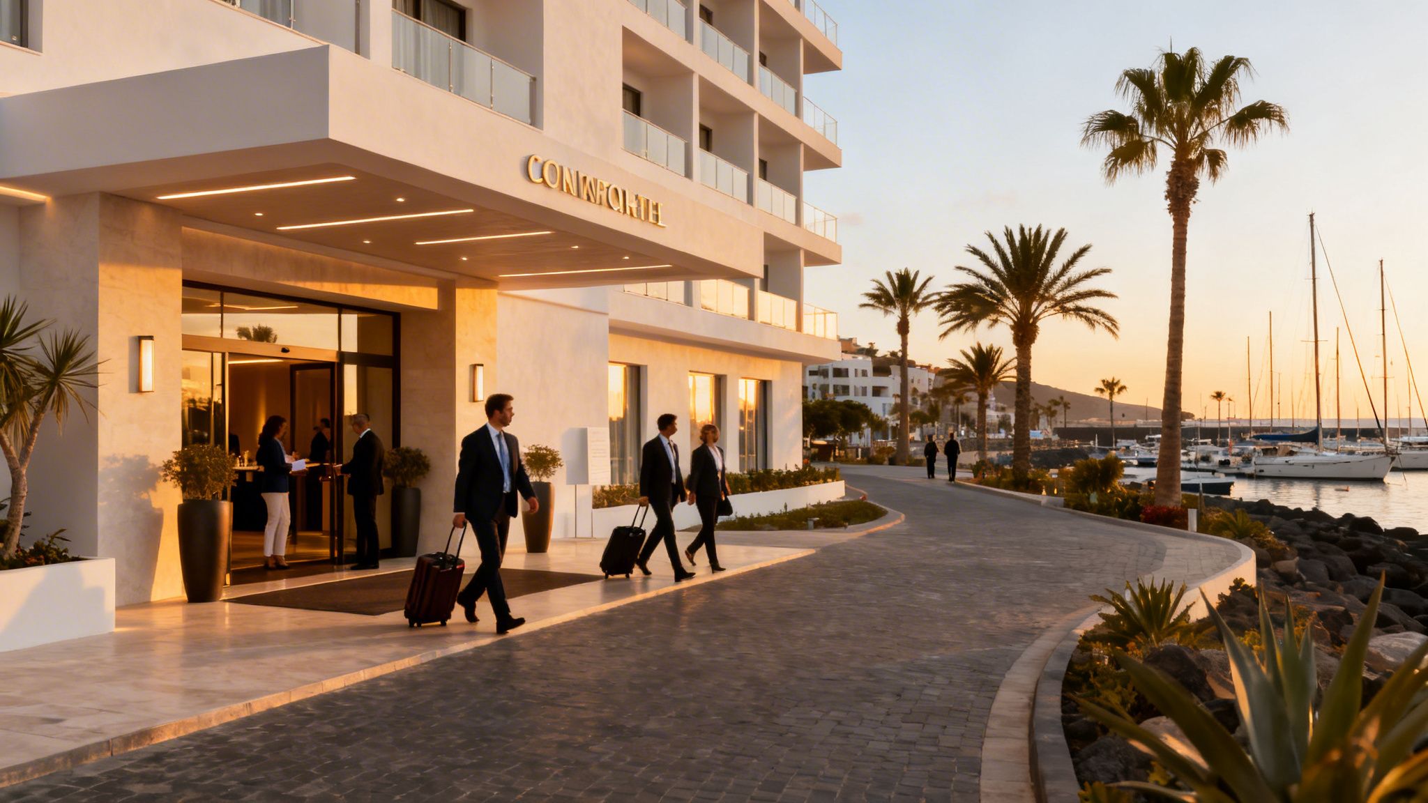 Fachada de hotel blanco moderno al atardecer con gente de negocios, palmeras y puerto.