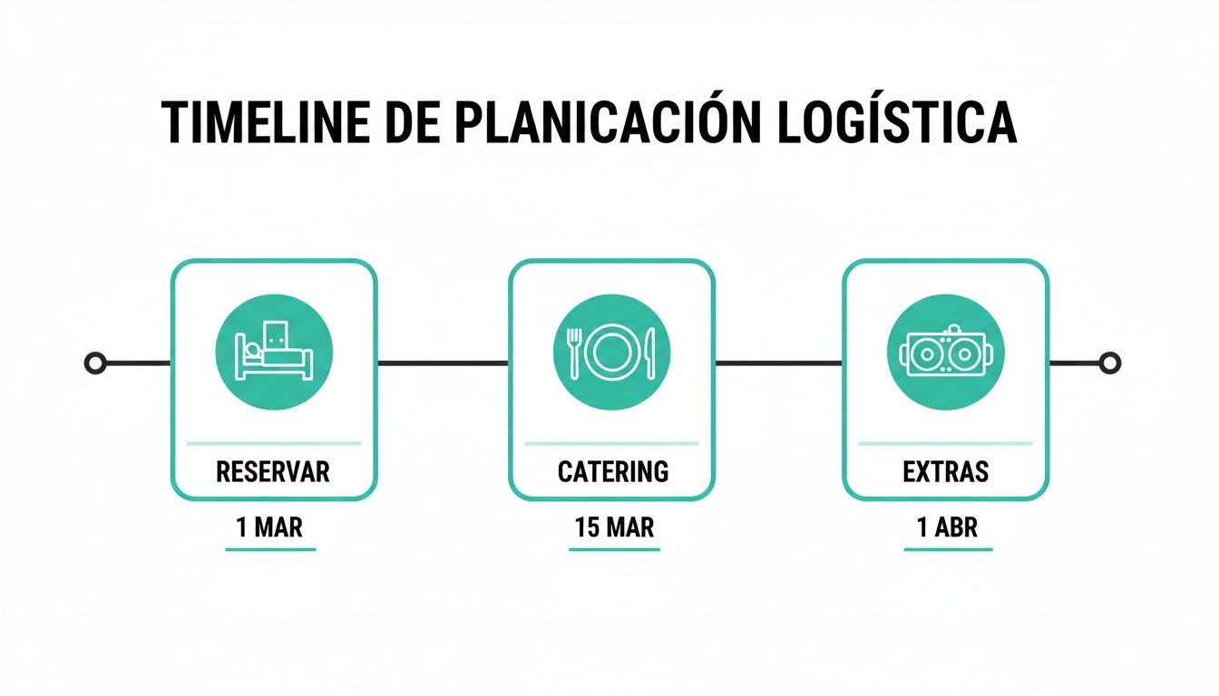 Cronograma de planificación logística con hitos para reservar, catering y extras, mostrando fechas de marzo y abril.