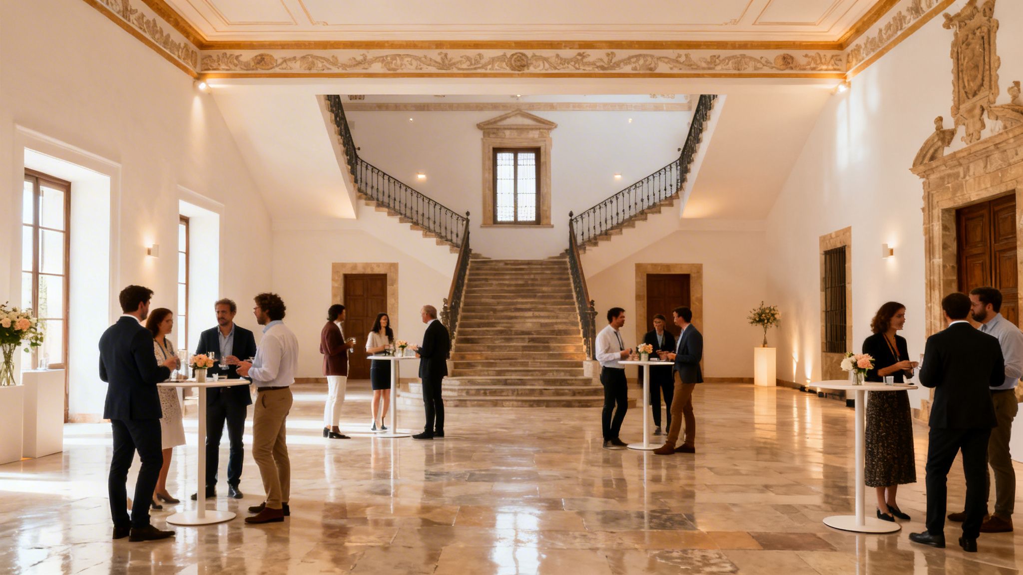 Invitados conversando en un majestuoso salón de palacio con una impresionante escalera doble.