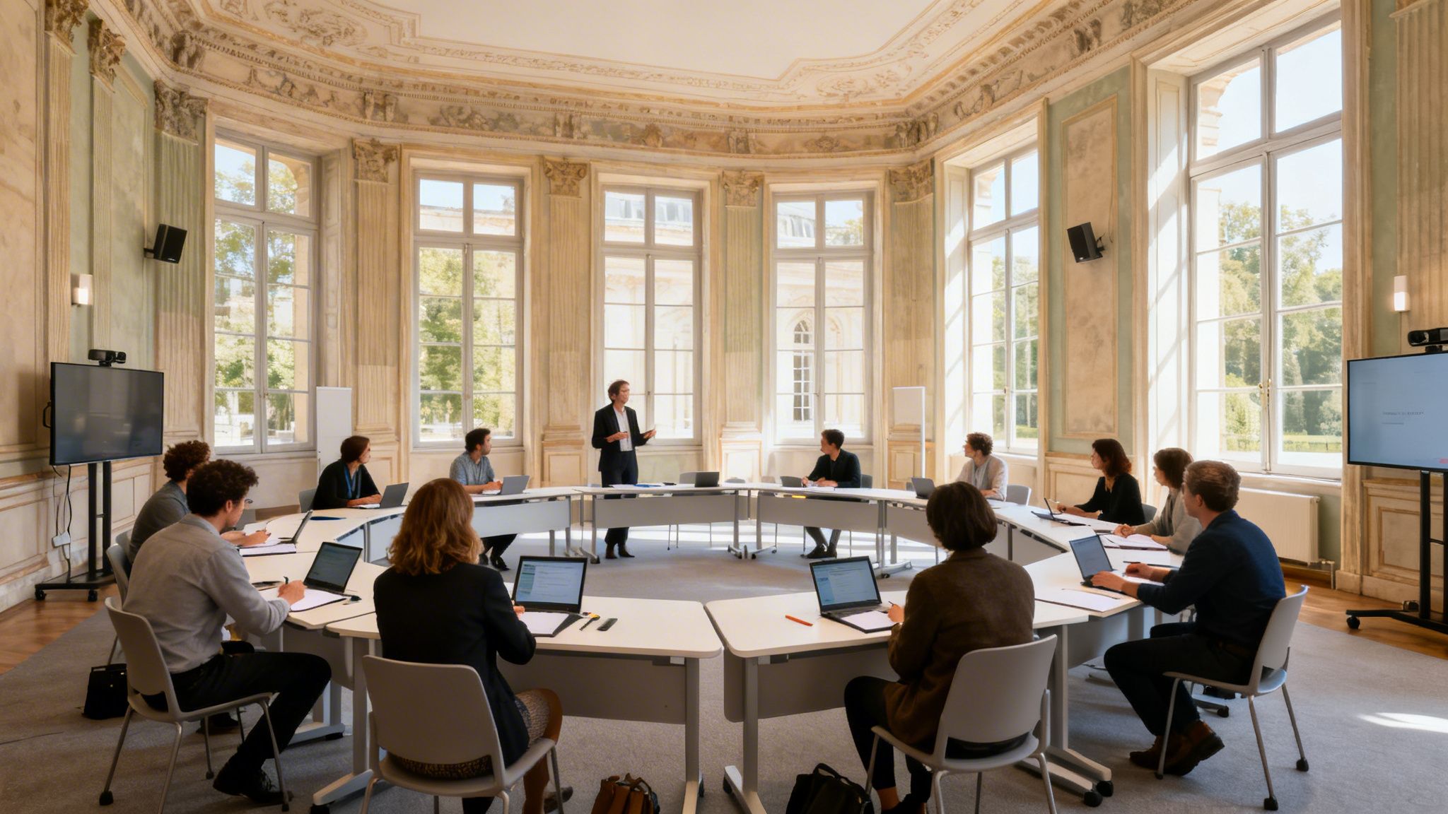 Reunión de negocios en una elegante sala de conferencias con un orador y participantes usando laptops.