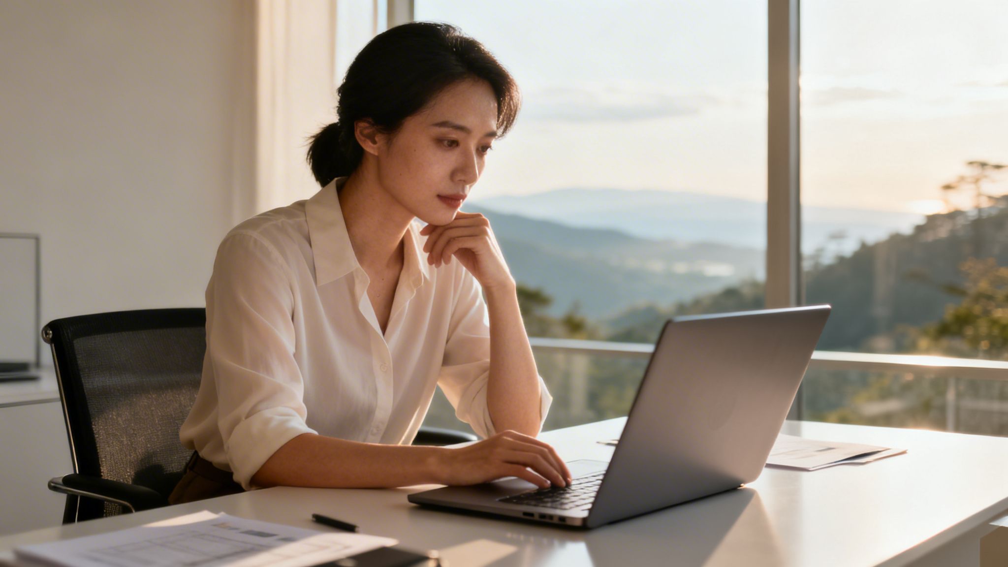 Una mujer profesional trabajando concentrada frente a su computadora portátil en una oficina moderna con vistas panorámicas.