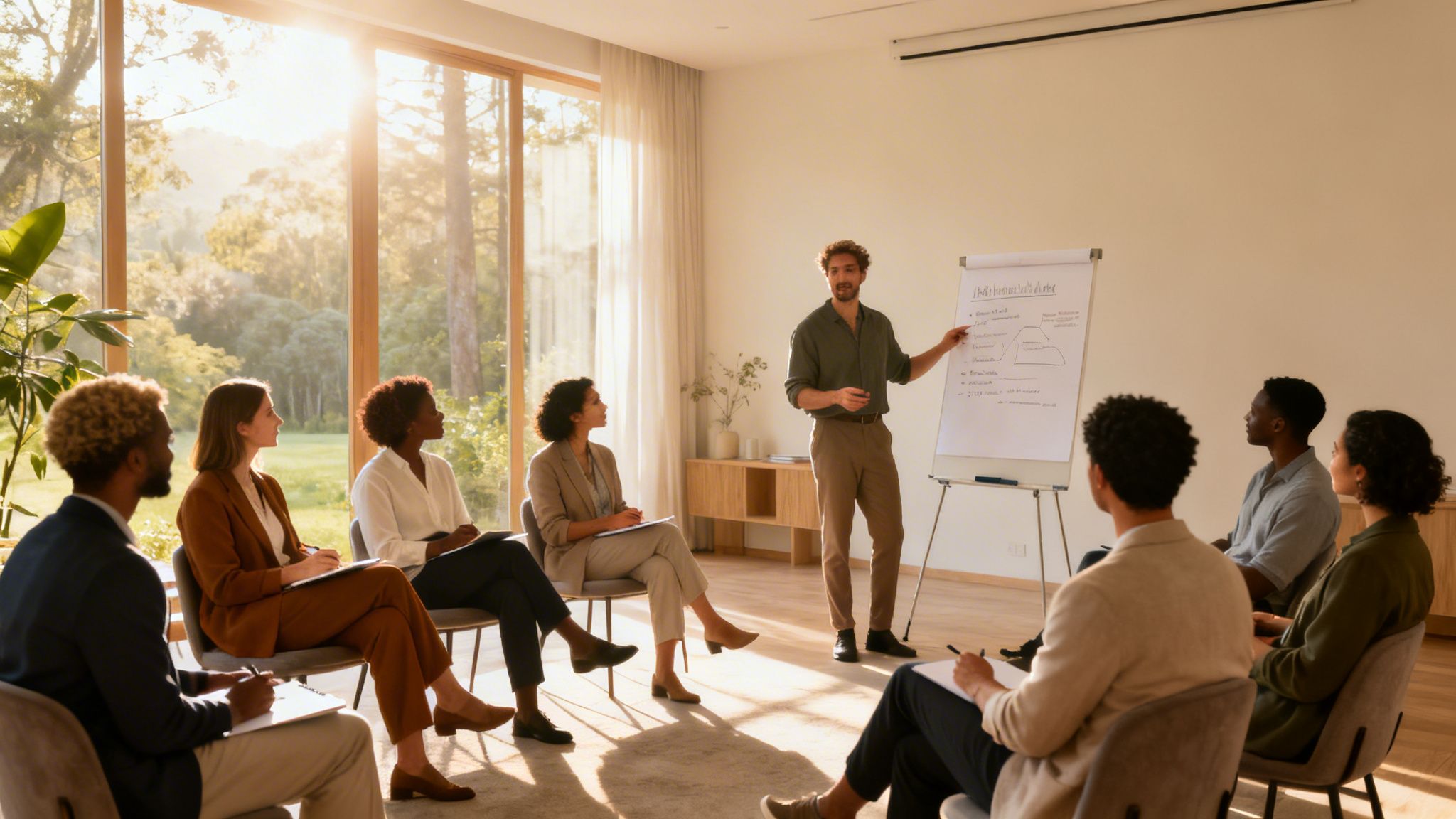 Un hombre presenta ideas en una pizarra blanca ante un grupo diverso de profesionales sentados en círculo.