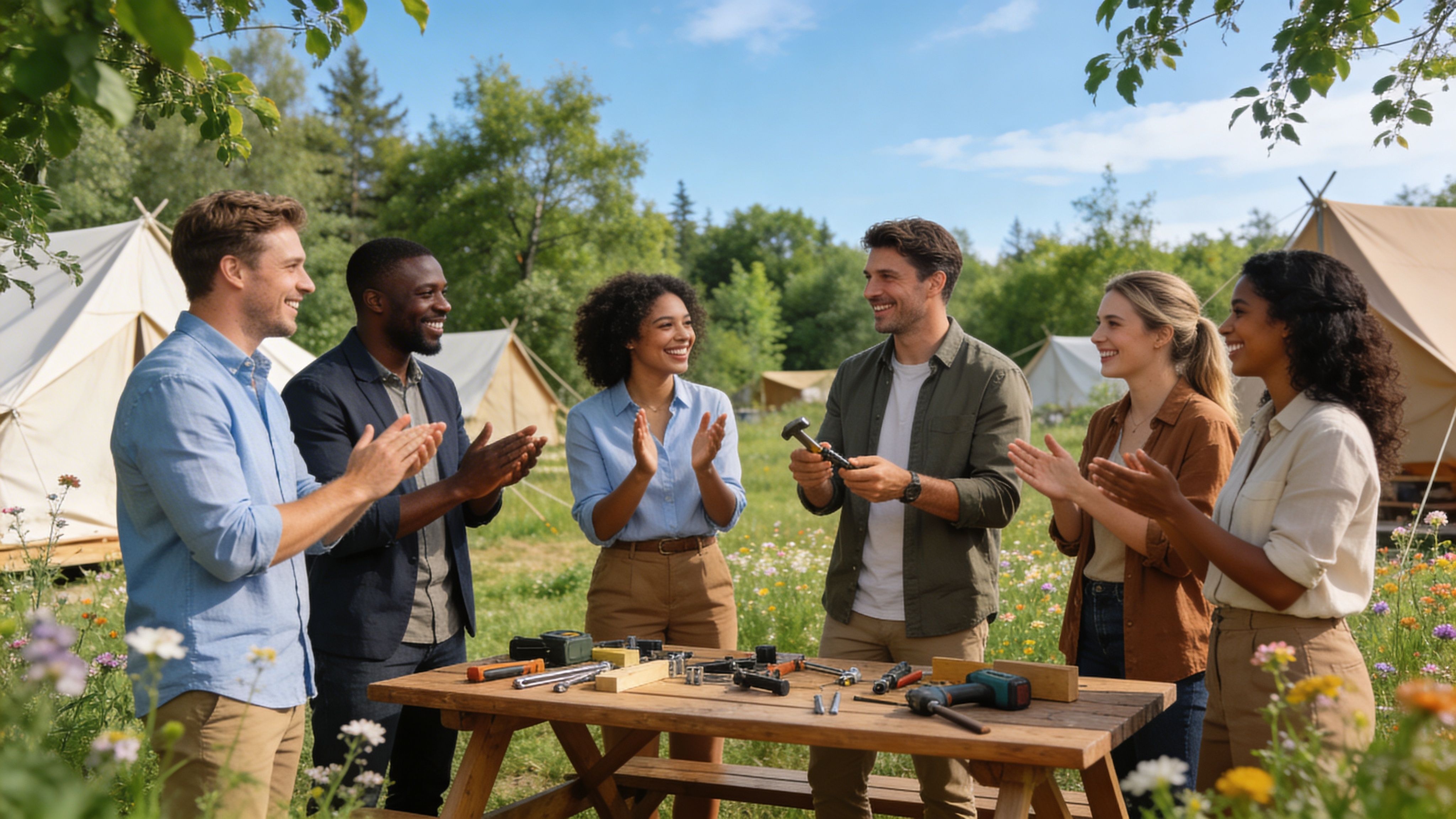Grupo diverso de amigos aplaudiendo alrededor de una mesa de madera con herramientas en un campamento natural.