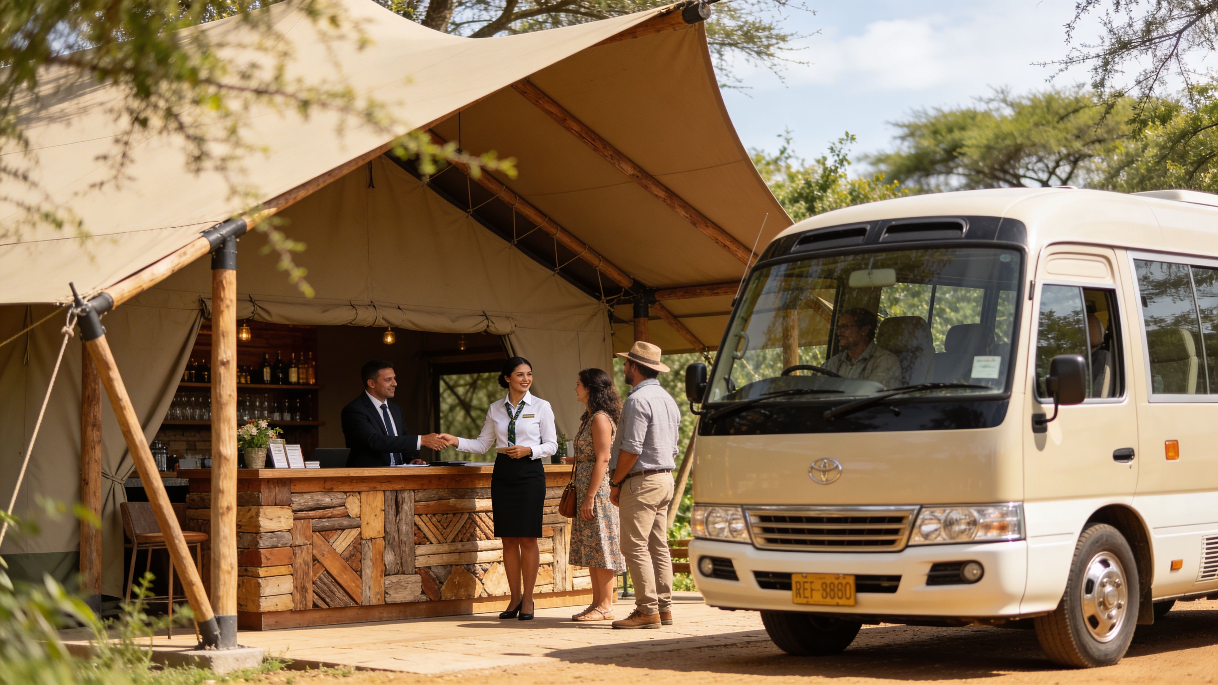 Una empleada de hotel saluda a un cliente frente a una tienda de lujo y un autobús
