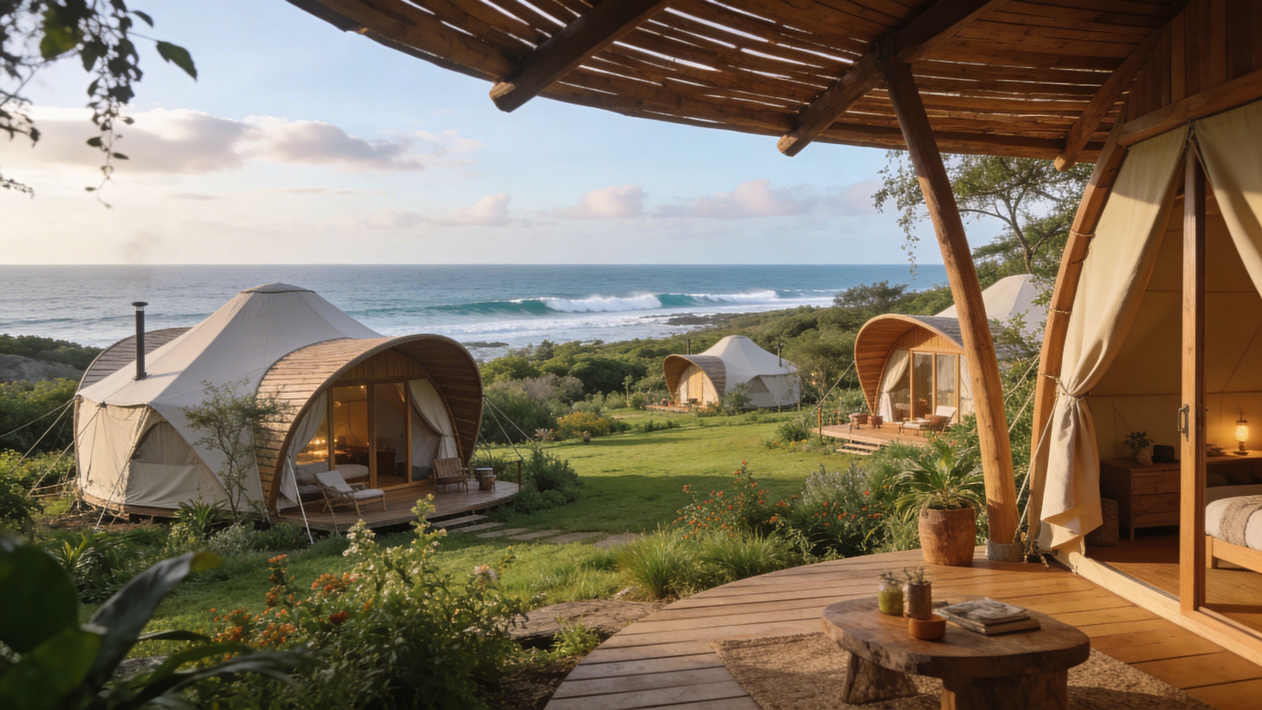 Lujosas tiendas de glamping con vistas al océano en un paisaje verde bajo un cielo despejado