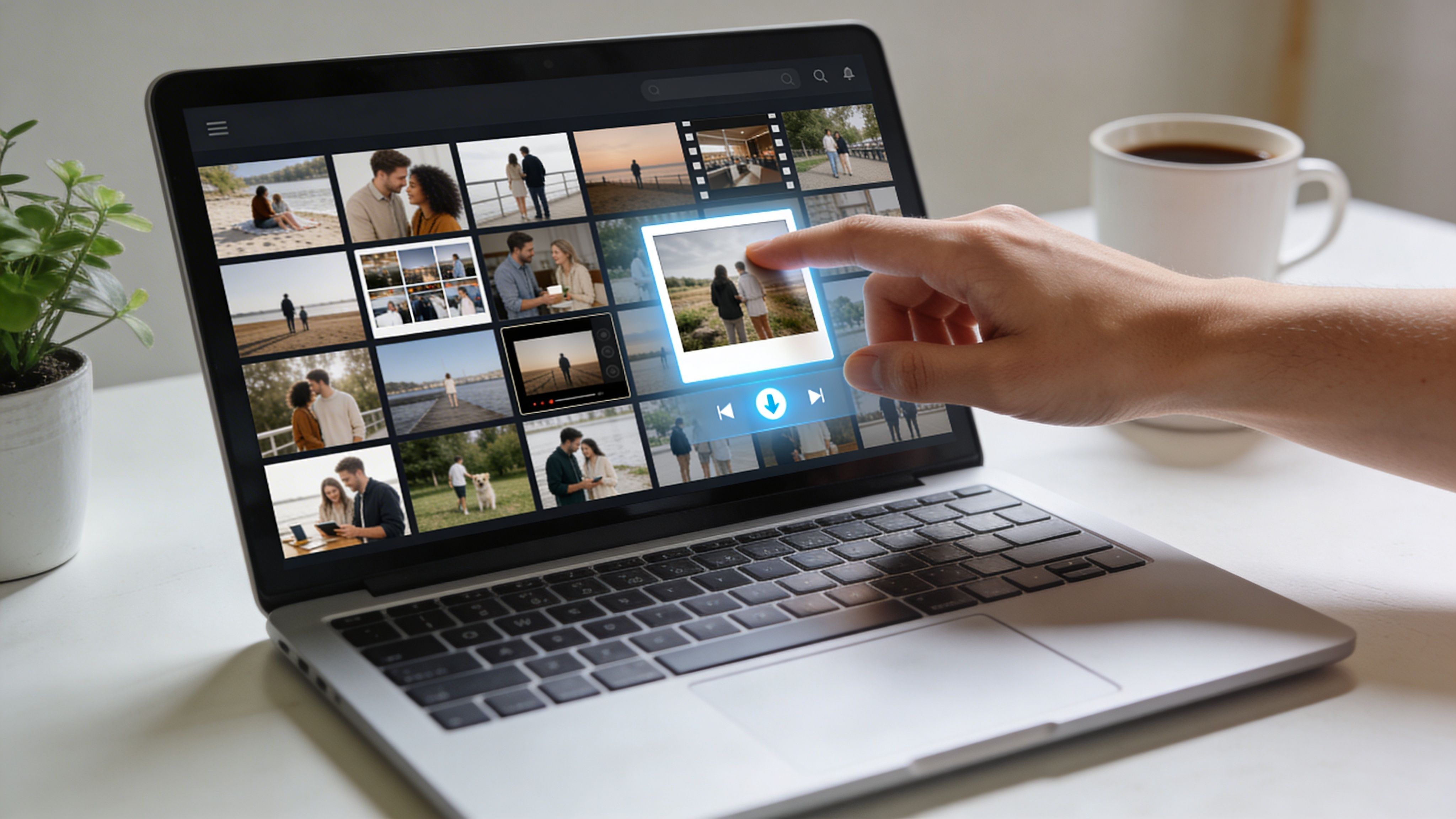 Una mano seleccionando una foto de pareja en la pantalla de una computadora portátil en una oficina