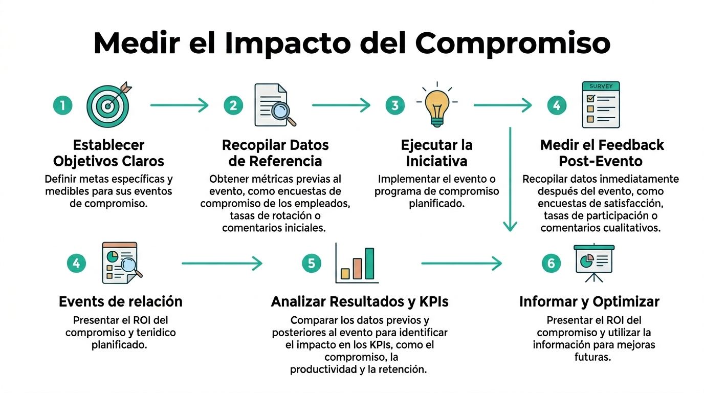 Infografía sobre los seis pasos clave para medir eficazmente el impacto del compromiso de los empleados.