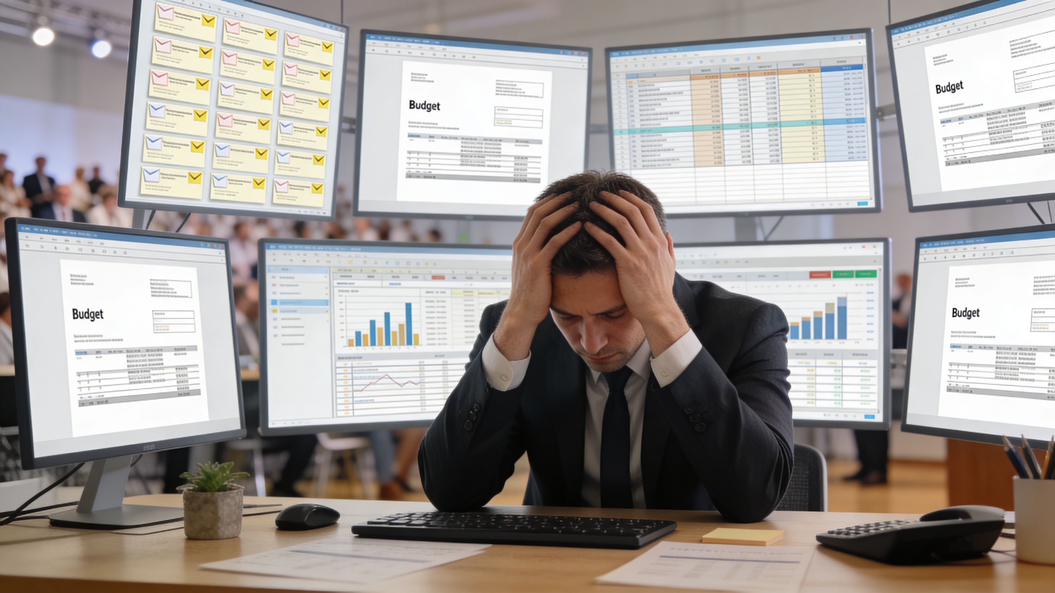 Un hombre de negocios estresado frente a varias pantallas con gráficos y datos financieros de presupuesto.