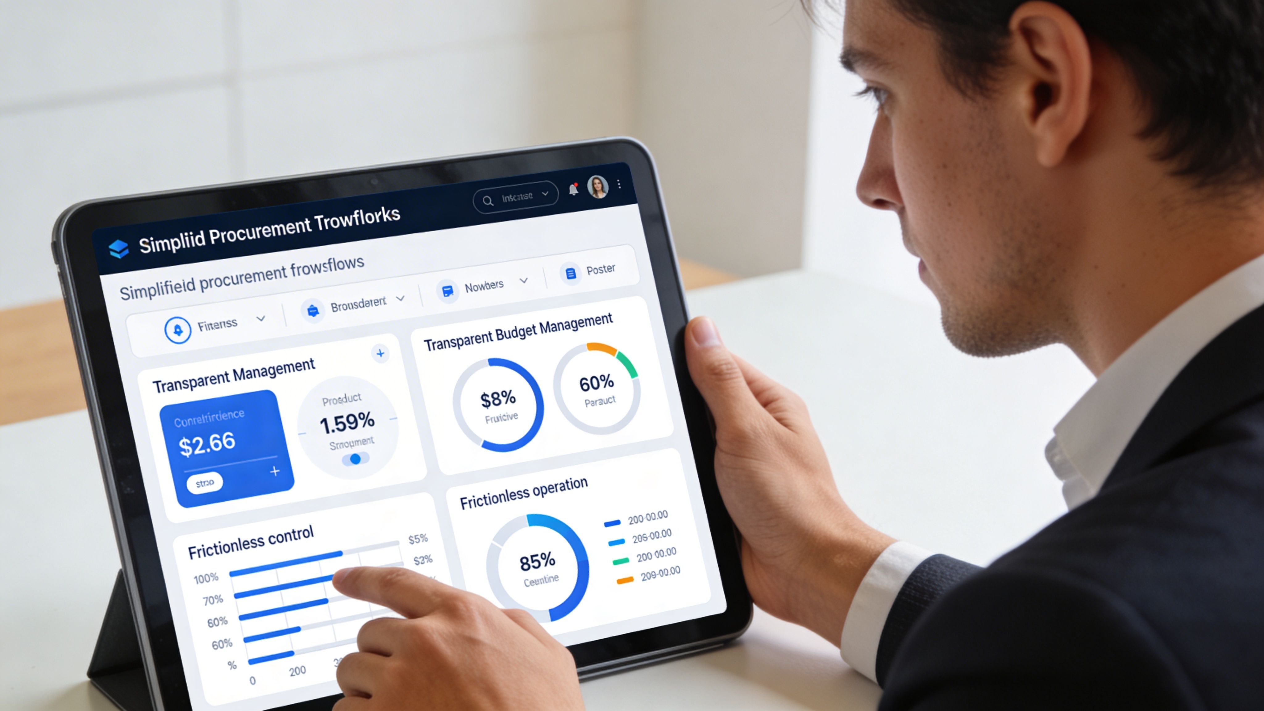 Un hombre de negocios revisa un panel de control digital sobre la gestión de adquisiciones en su tableta.