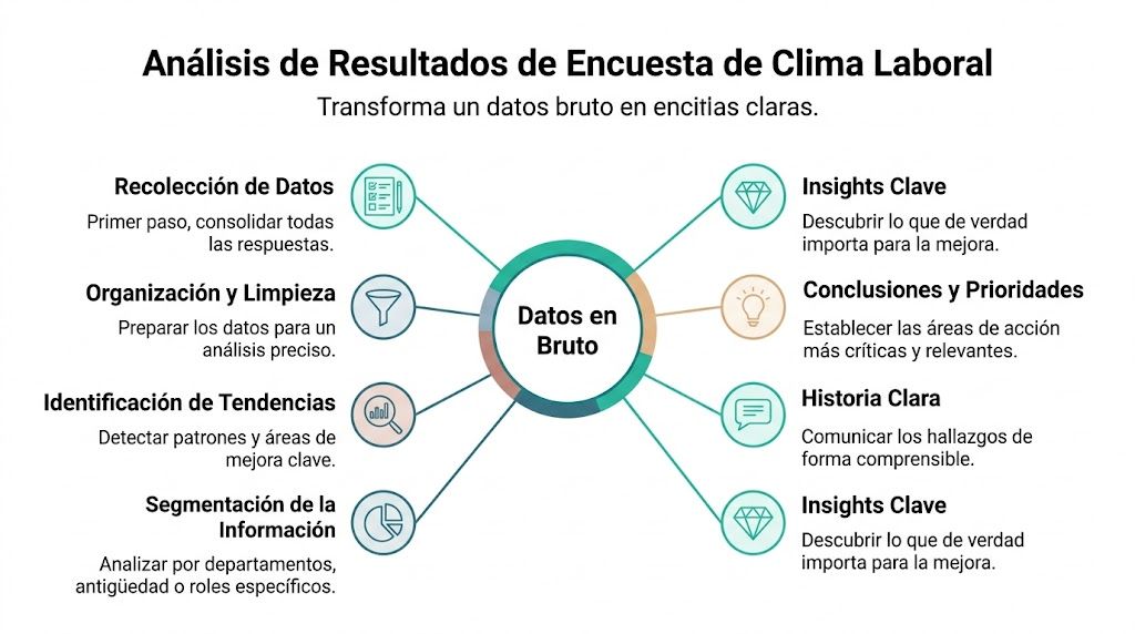 Diagrama que muestra los pasos para procesar los datos de una encuesta de clima laboral empresarial.
