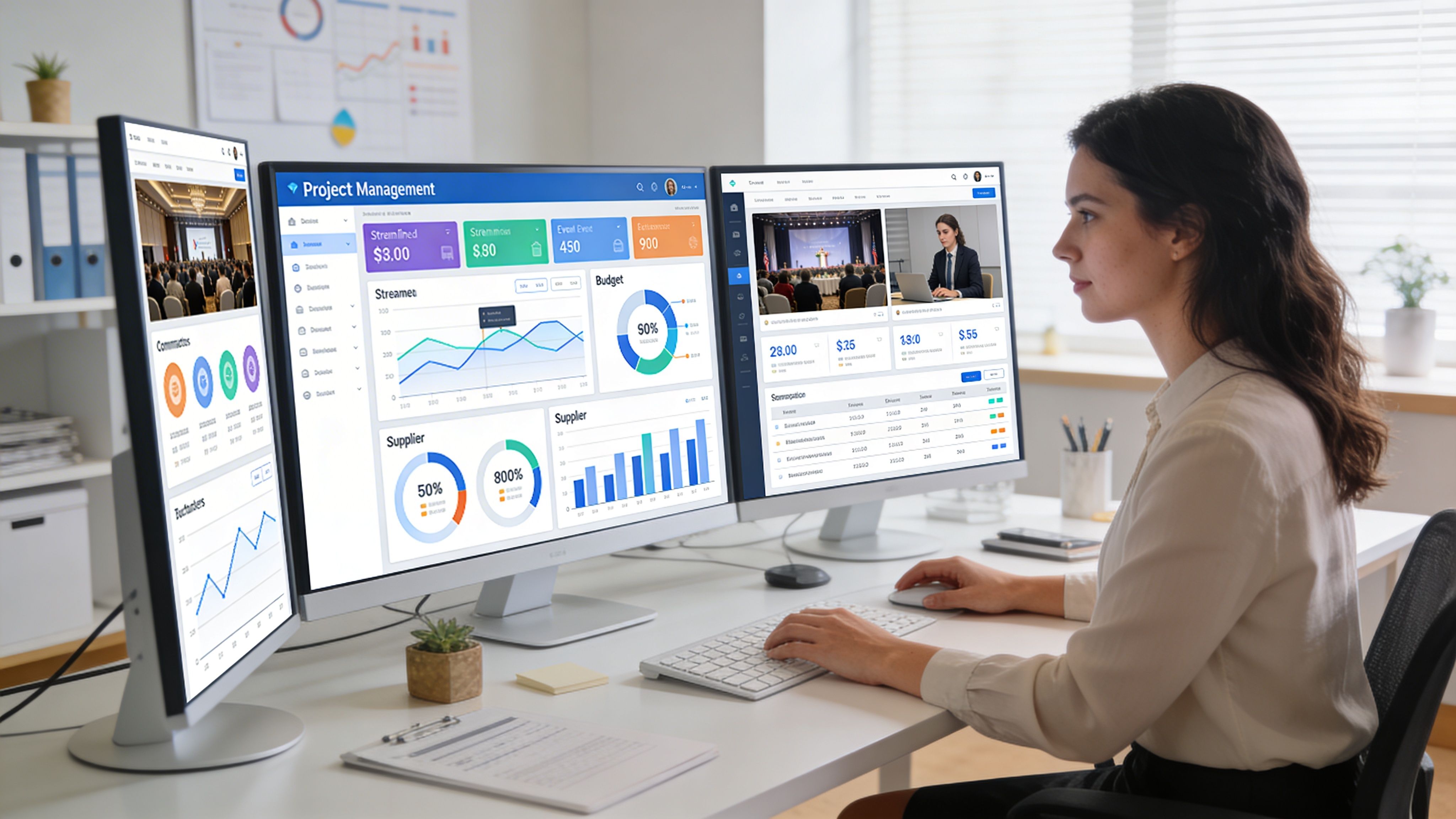 Una mujer joven trabajando frente a múltiples monitores con gráficos de gestión de proyectos en una oficina moderna.