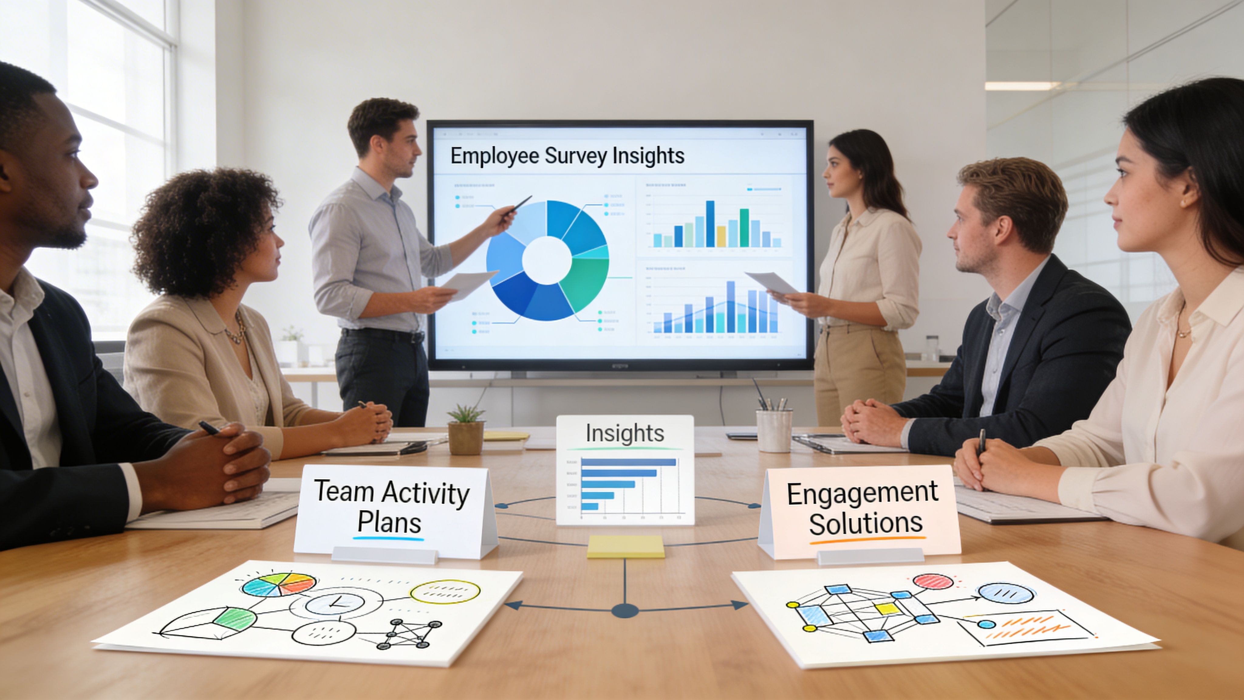 Un equipo profesional colaborando en una reunión de negocios analizando datos de encuestas en una pantalla grande.