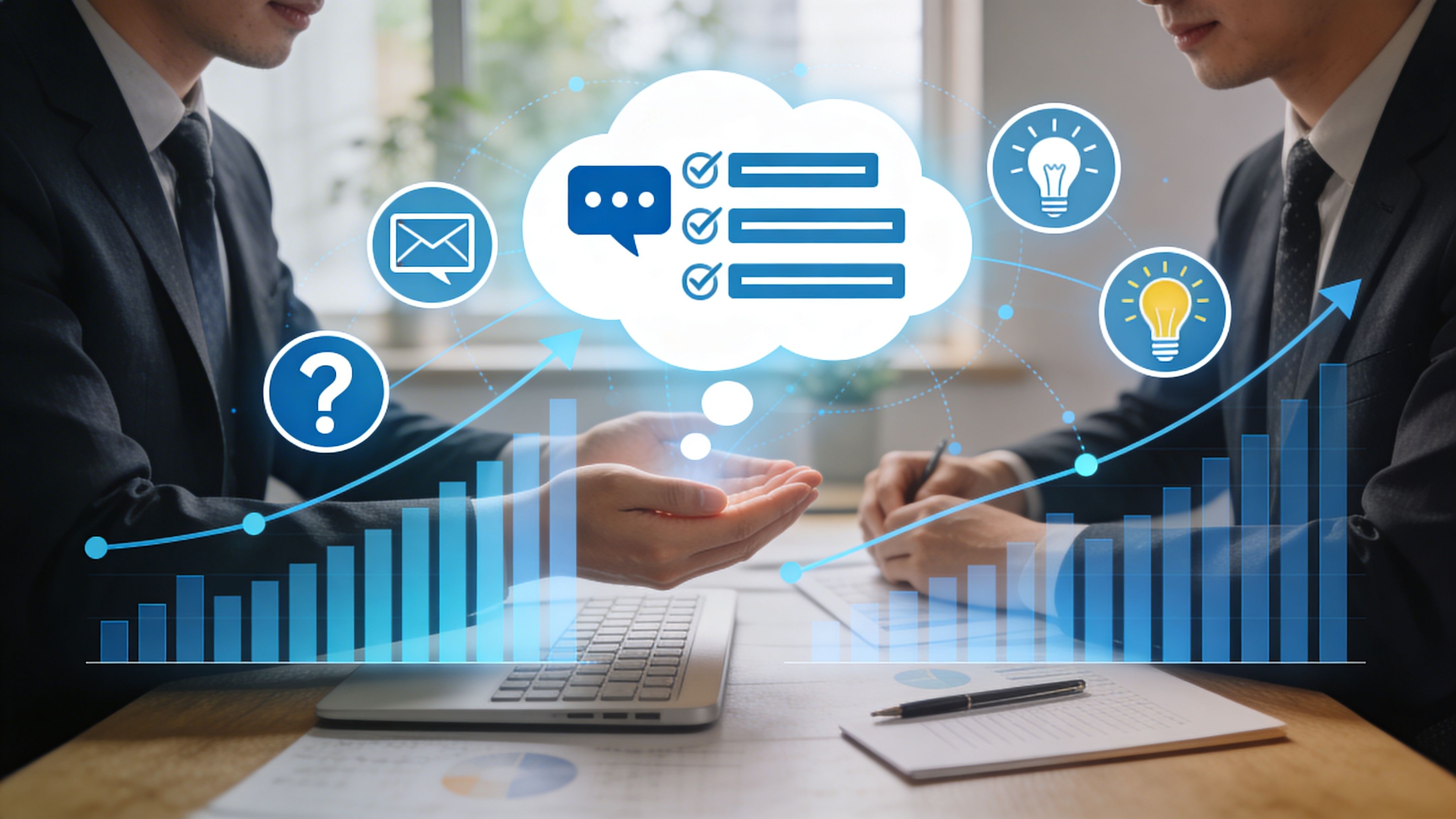 Dos empresarios analizando métricas de crecimiento empresarial y comunicación estratégica frente a una computadora de oficina.