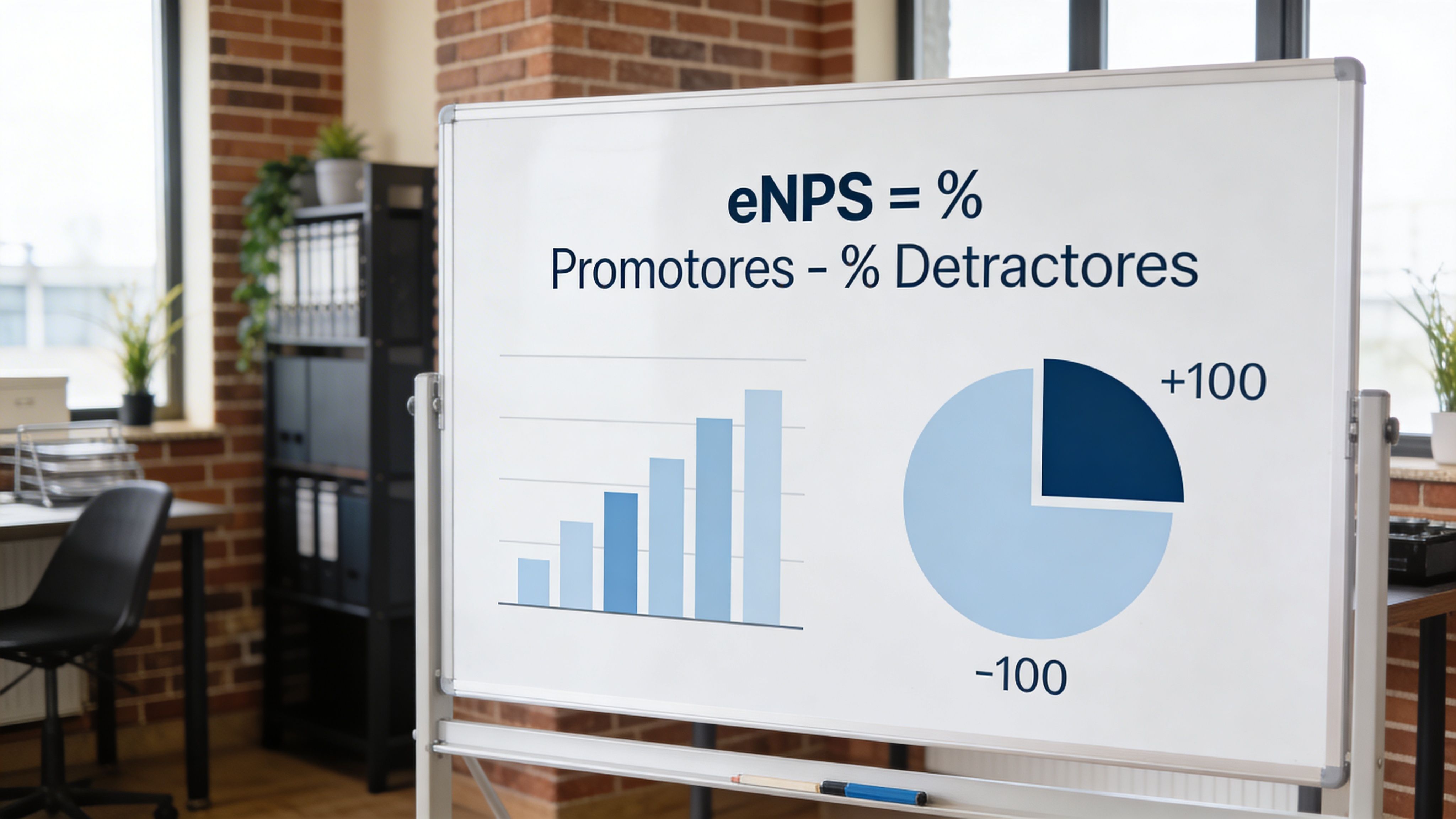 Una pizarra en una oficina mostrando la fórmula del eNPS y gráficos explicativos sobre el compromiso laboral.