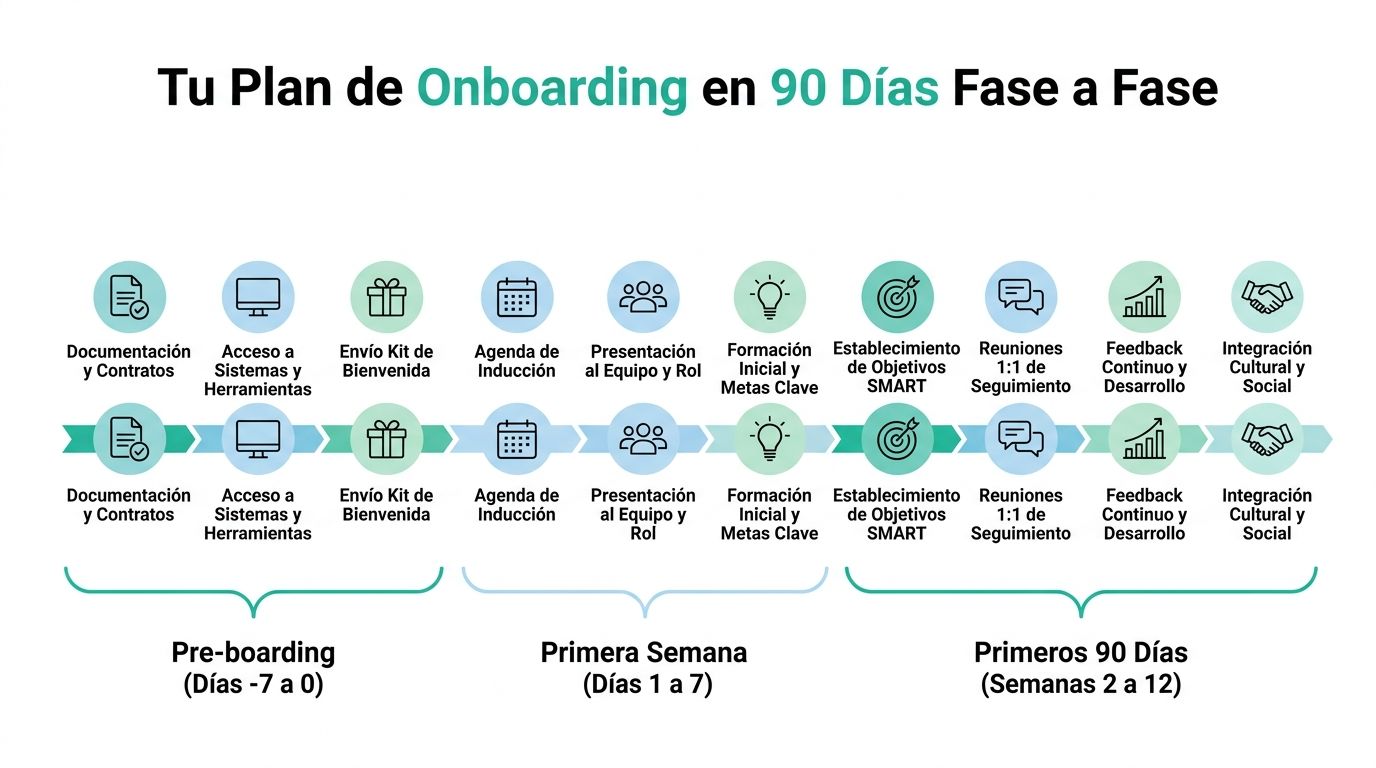 Infografía del plan de onboarding de 90 días detallando las fases desde el pre-boarding hasta la integración completa.