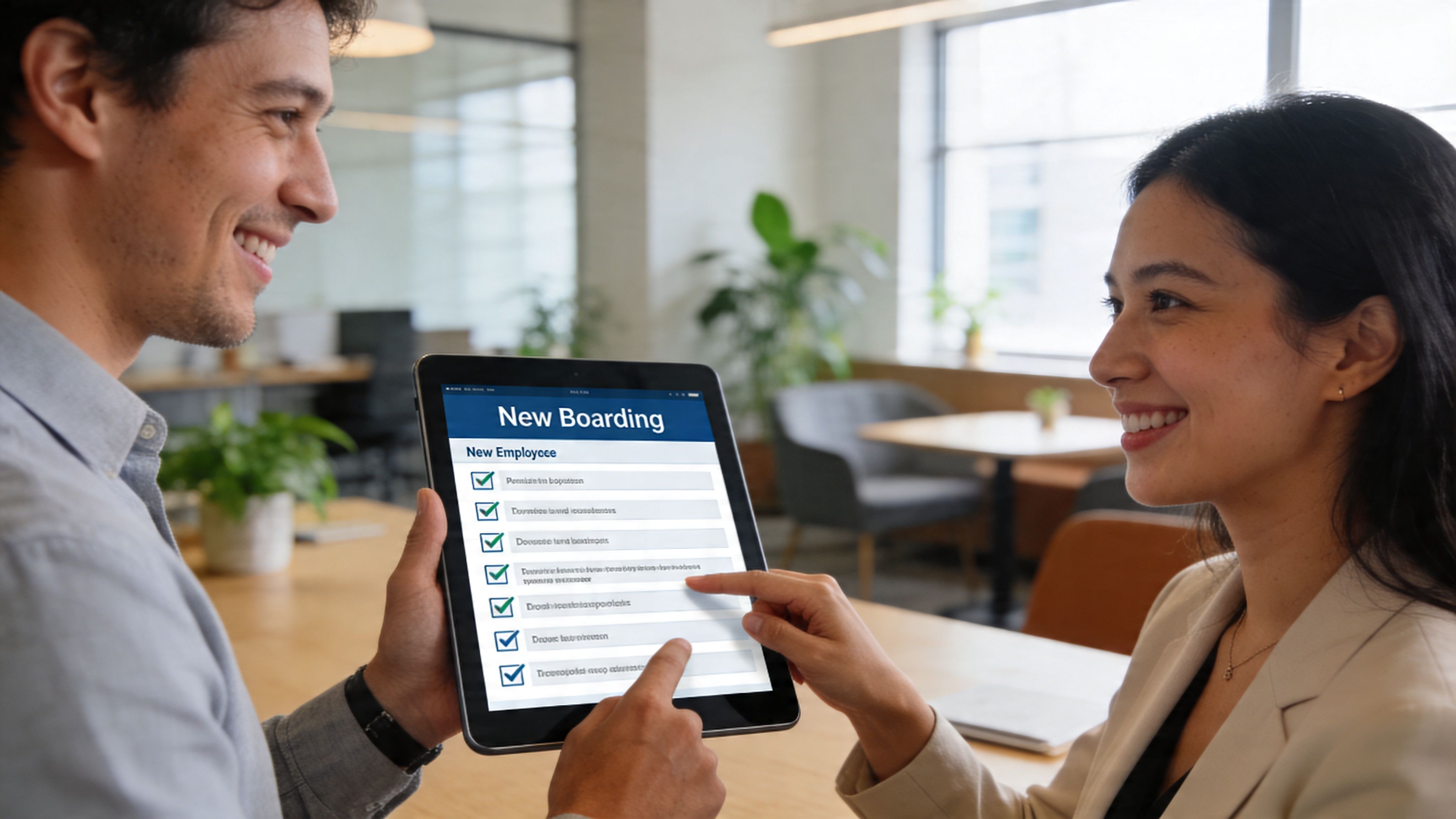 Un hombre y una mujer sonrientes revisan una lista de verificación de onboarding de empleados en una tableta.