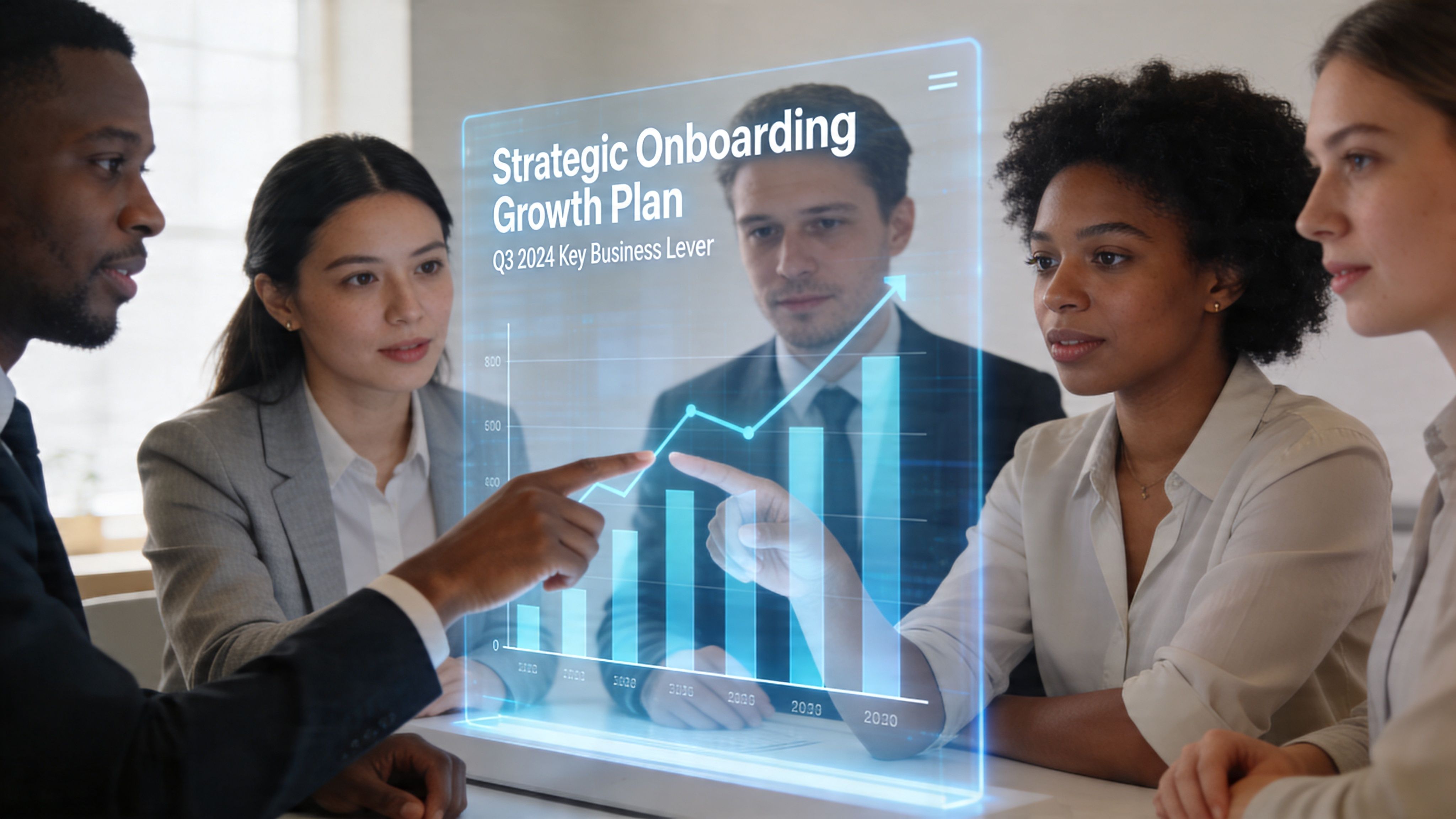 Un equipo diverso de profesionales analiza proyecciones de crecimiento empresarial en una pantalla holográfica digital interactiva