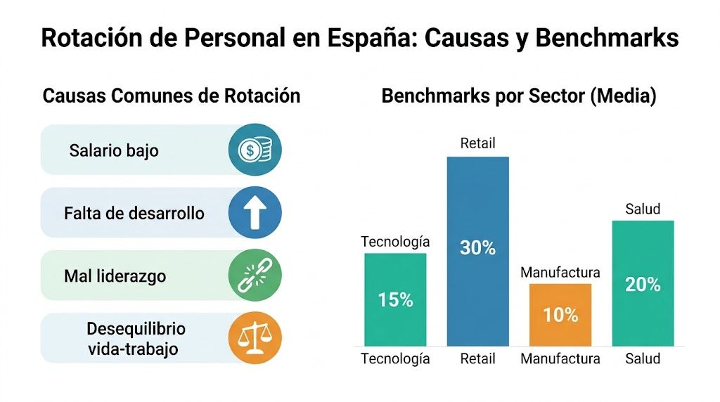 Gráfico sobre las causas de la rotación de personal y los porcentajes por sector en España.