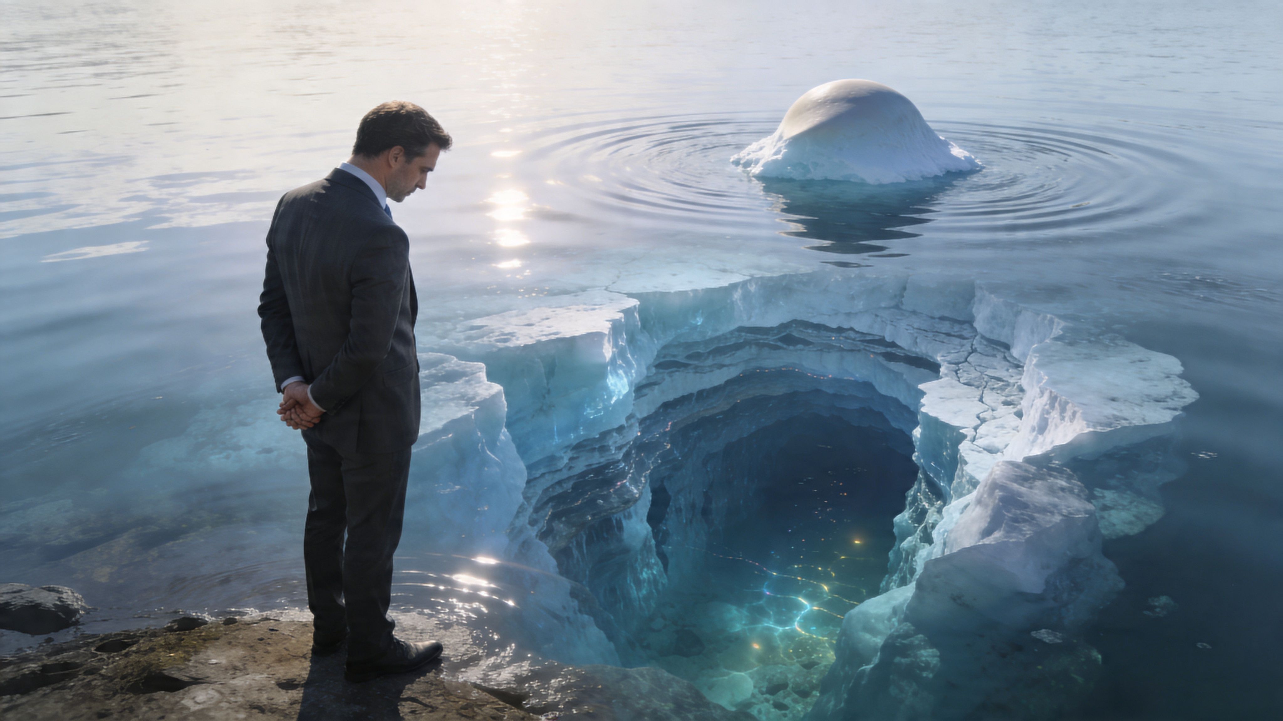 Un hombre con traje observa pensativo un profundo agujero en el hielo sobre un cuerpo de agua.