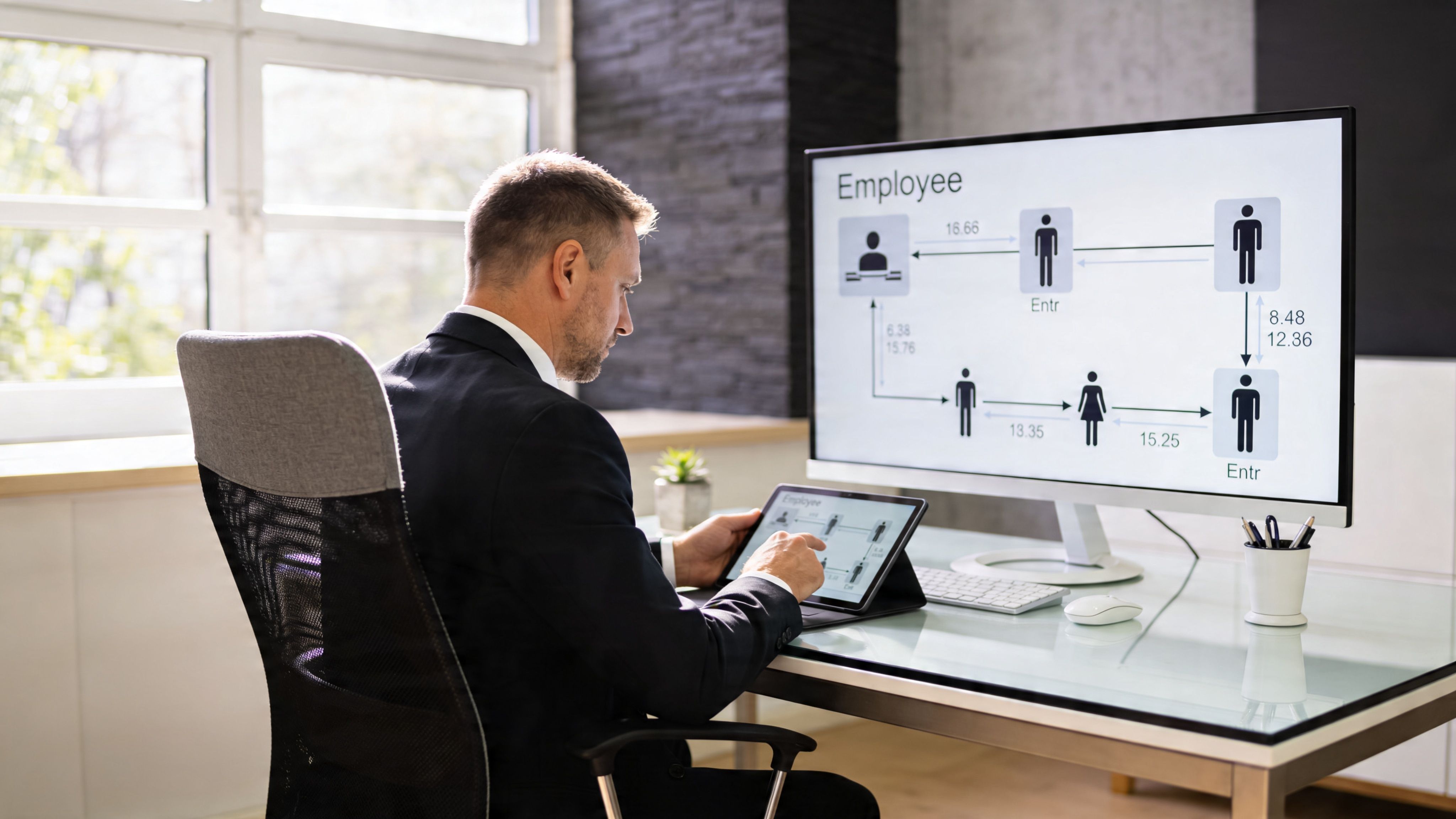 Un hombre de negocios analizando gráficos de rotación de personal en su tableta digital y monitor de computadora.