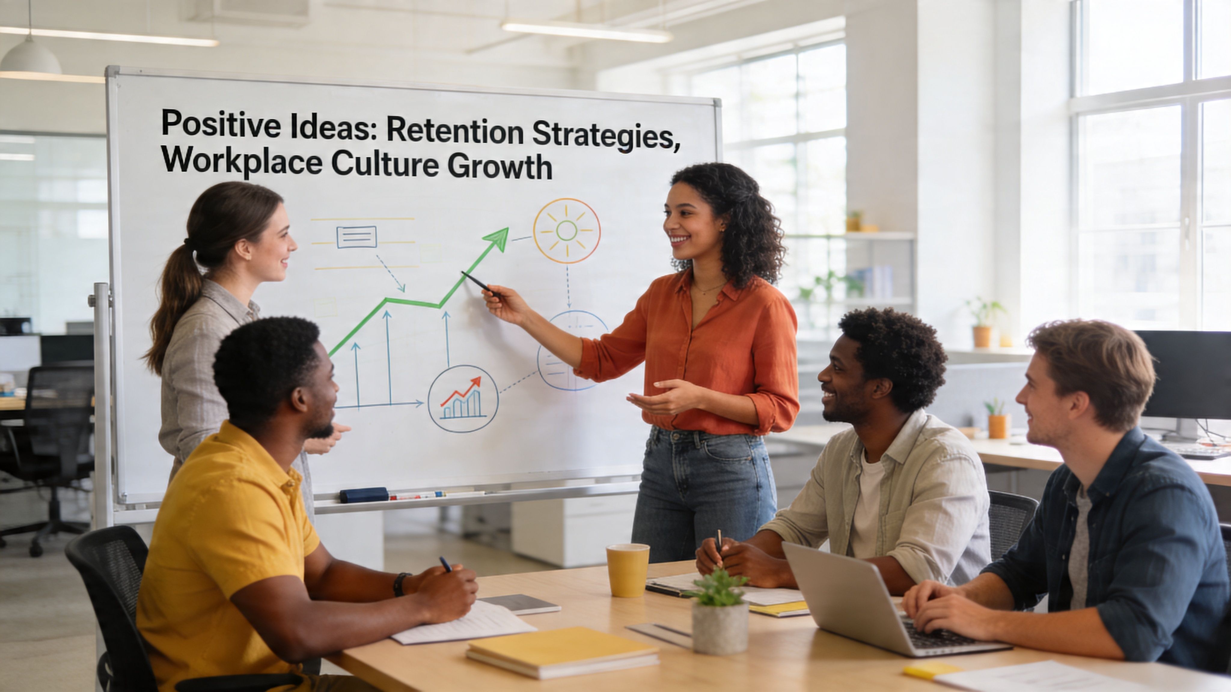 Un equipo diverso colaborando en una reunión de oficina sobre estrategias de retención y crecimiento laboral.