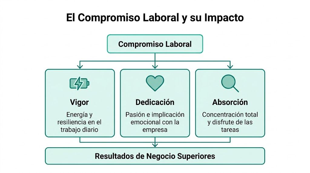 Diagrama que muestra cómo el compromiso laboral conduce a mejores resultados de negocio a través de tres componentes.