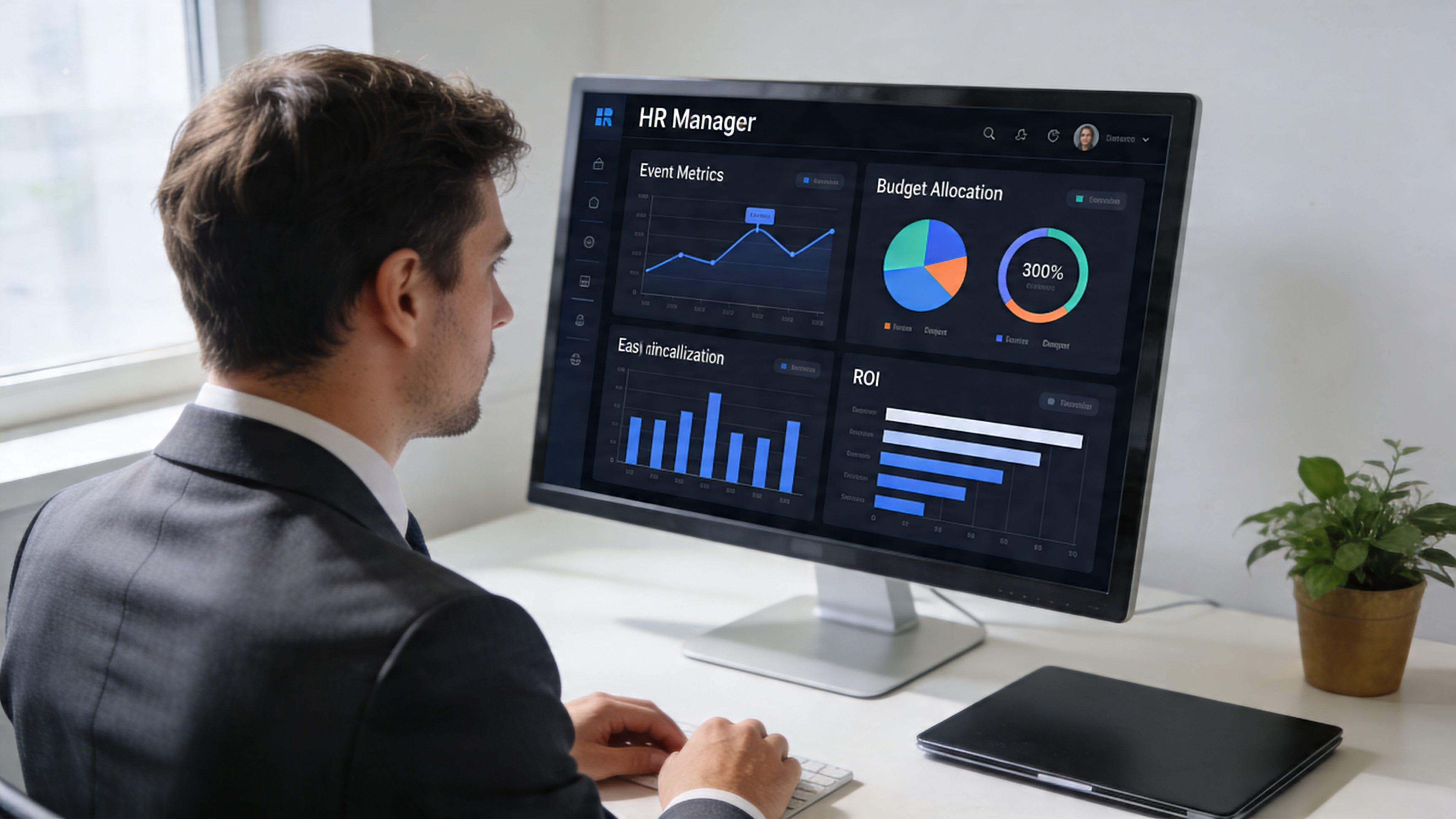 Un gerente de recursos humanos revisa métricas de compromiso de empleados en un monitor de computadora moderno.
