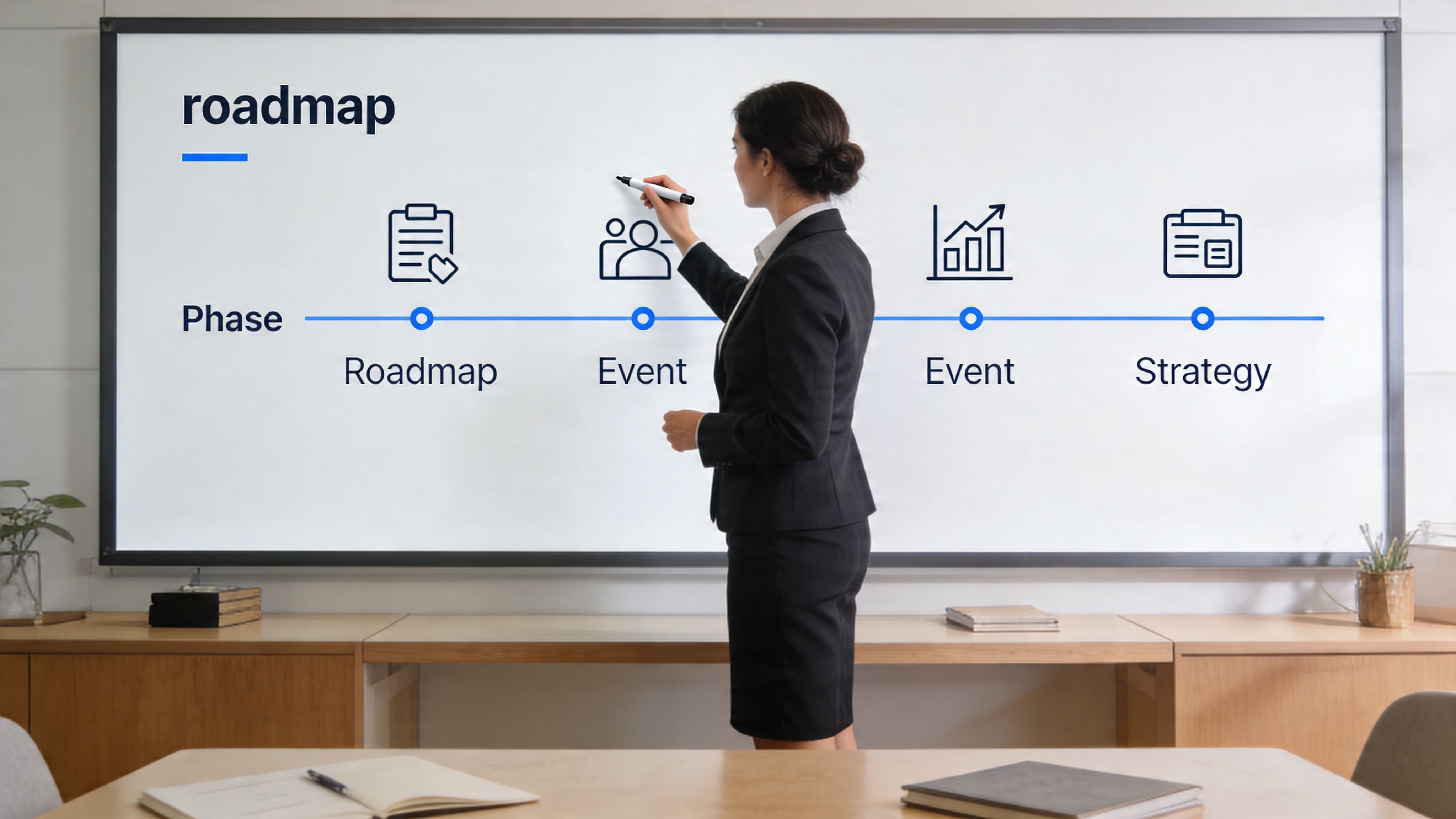 Una mujer de negocios presenta un esquema de etapas estratégicas sobre una pantalla grande en una oficina.