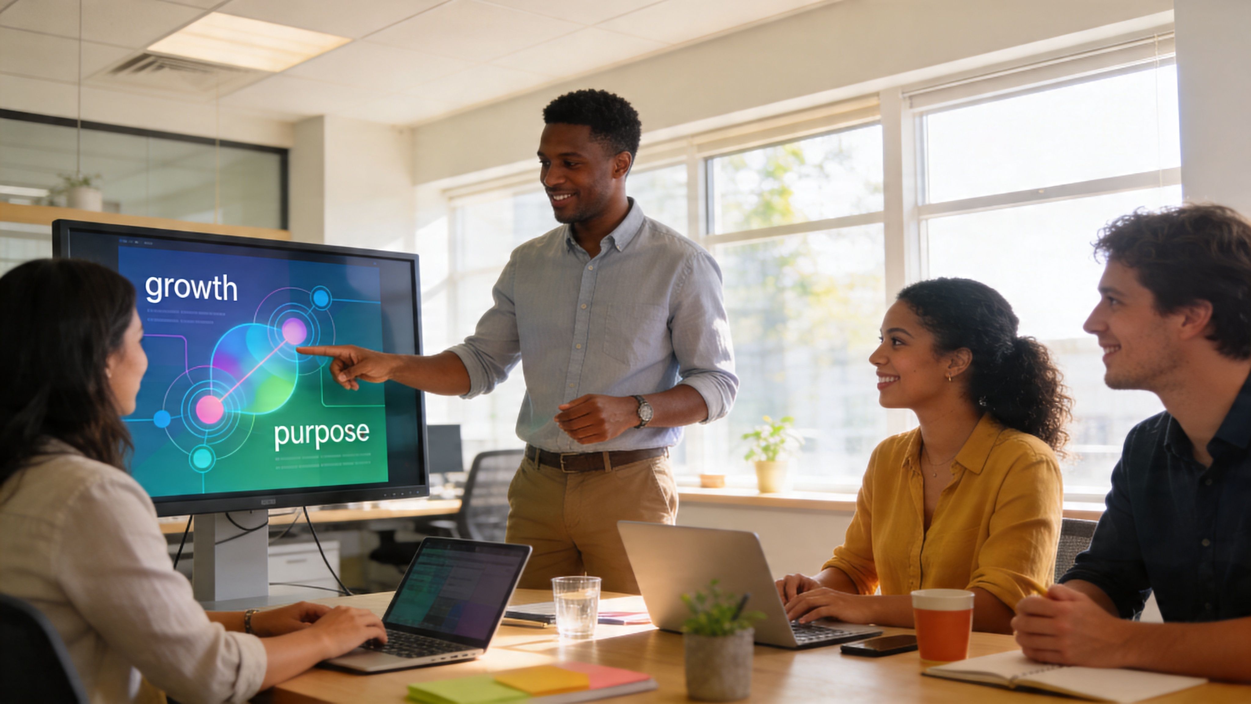 Un profesional de negocios presenta una estrategia de crecimiento y propósito a un equipo durante una reunión.