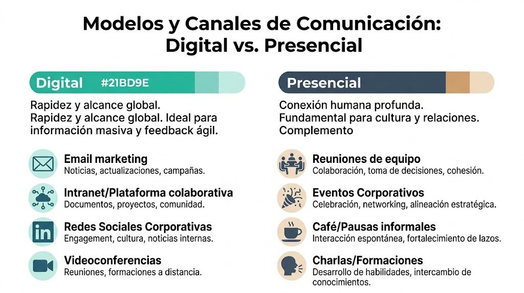 Comparativa entre modelos de comunicación digital y presencial para mejorar la estrategia de comunicación interna en empresas.