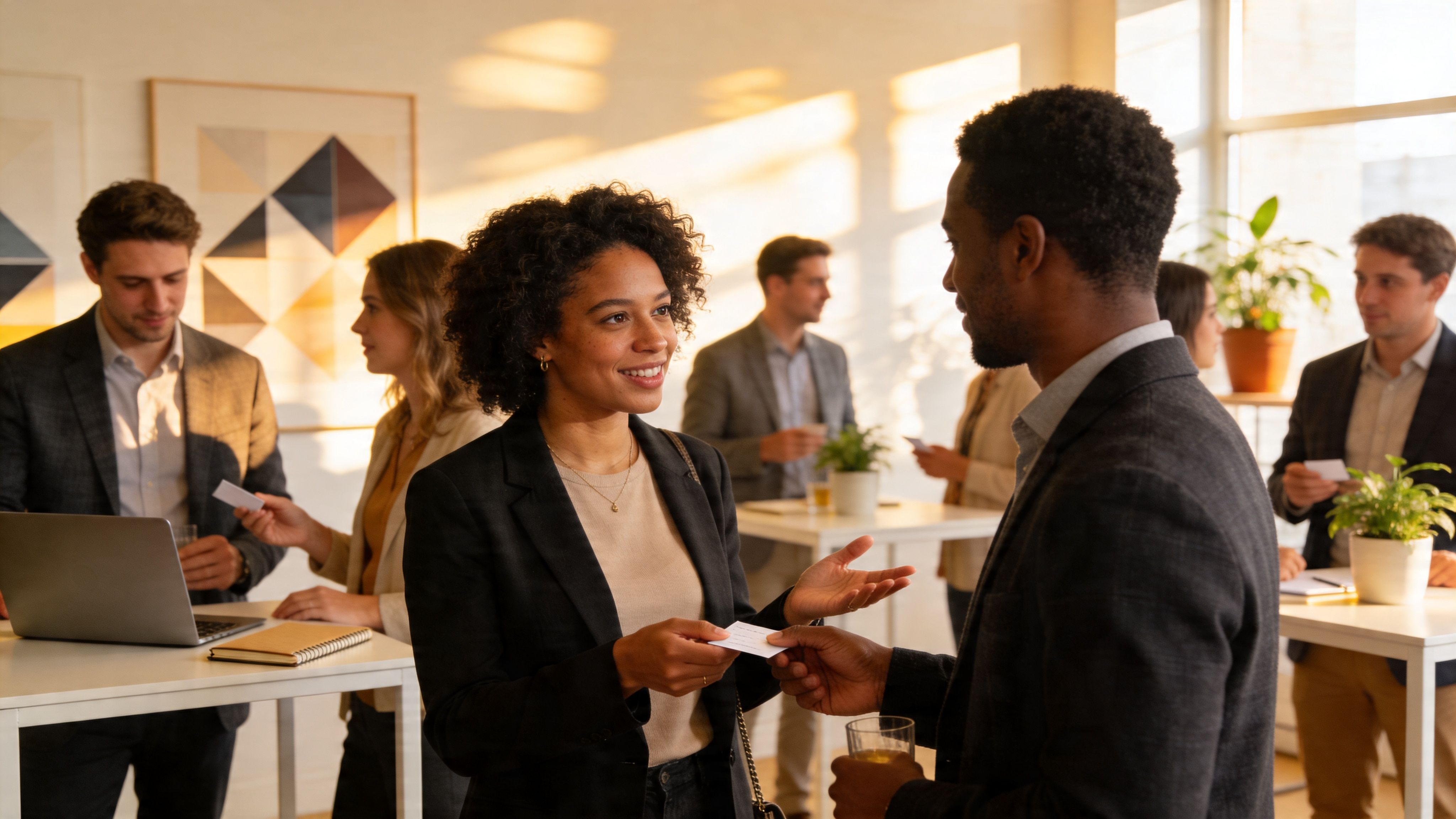 Profesionales diversos intercambiando tarjetas de visita durante un evento de networking en una oficina luminosa y moderna.