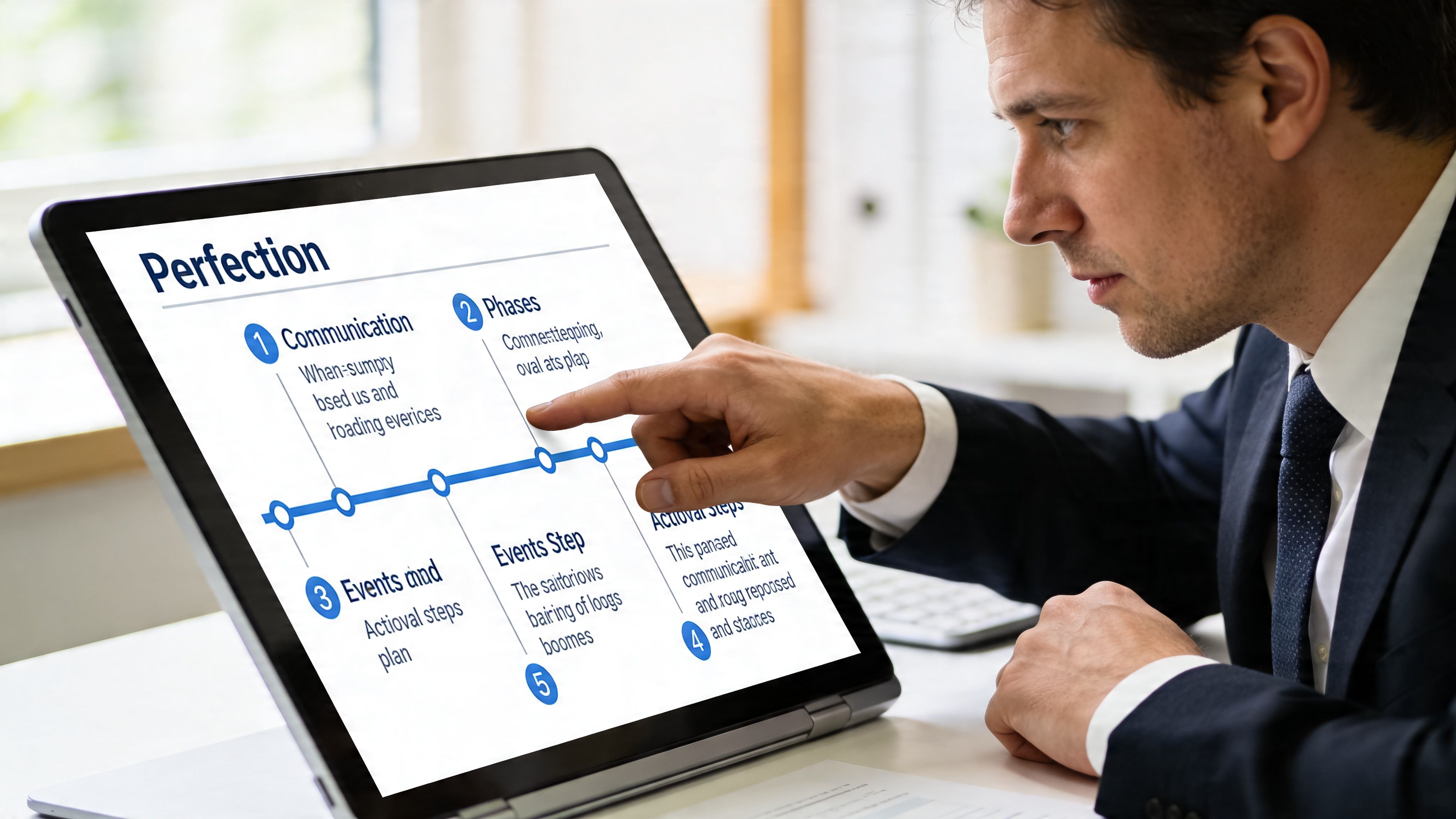 Un hombre de negocios señalando una pantalla de computadora que muestra un diagrama sobre comunicación y fases profesionales.