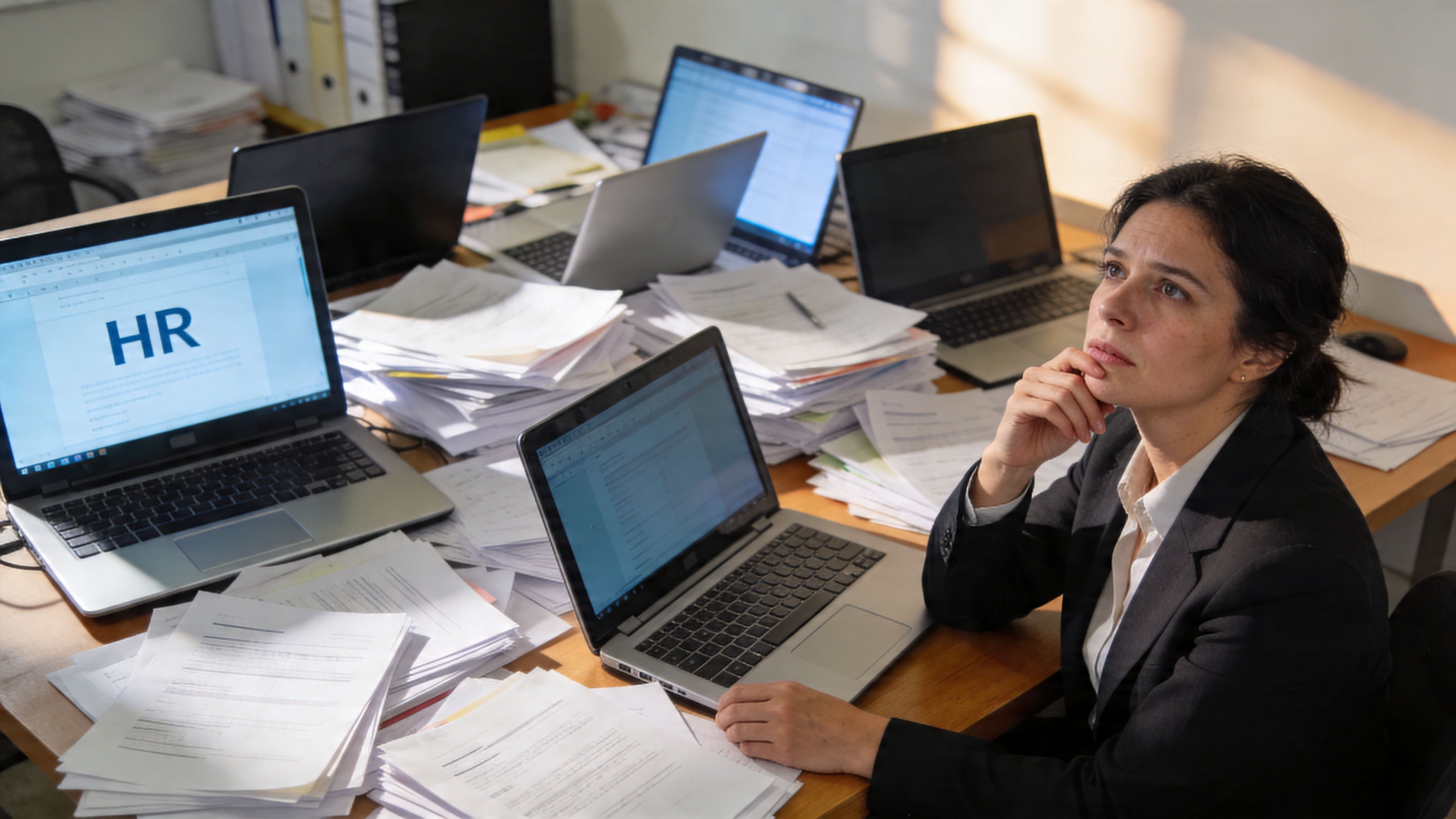 Una mujer de negocios estresada rodeada de múltiples computadoras y pilas de documentos en su oficina desordenada.