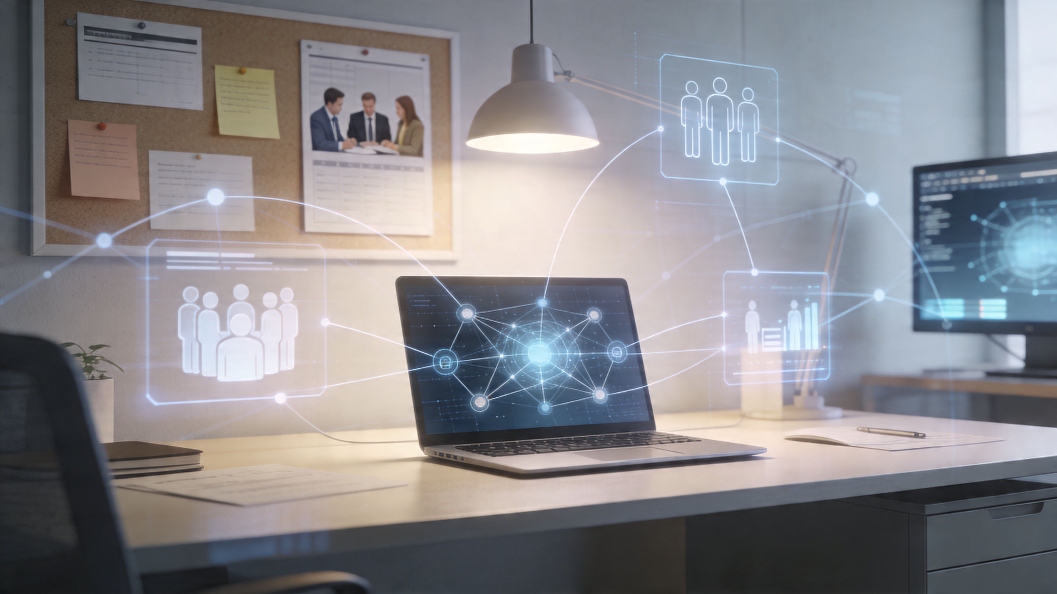 Escritorio de oficina moderno con ordenador portátil mostrando conexiones digitales y gráficos de comunicación interna entre equipos.