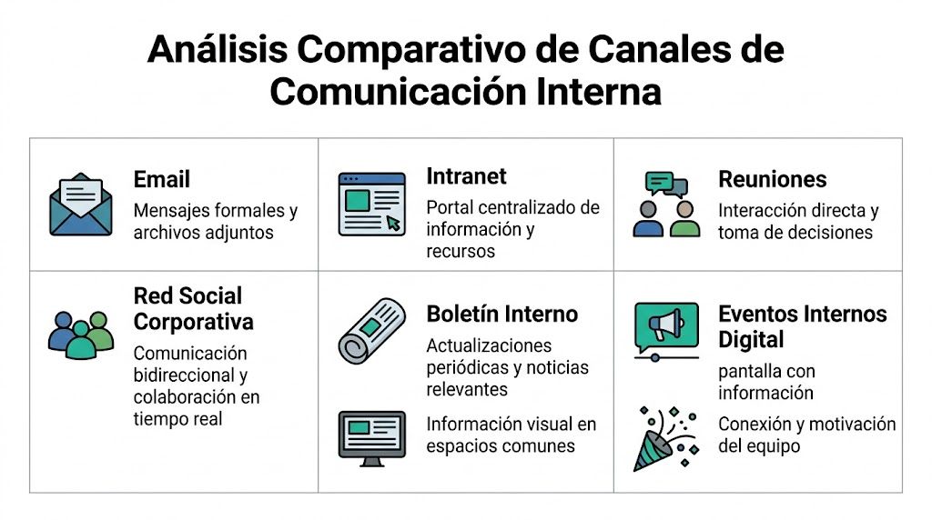 Tabla comparativa de diversos canales de comunicación interna dentro de una organización, incluyendo email, intranet y reuniones.