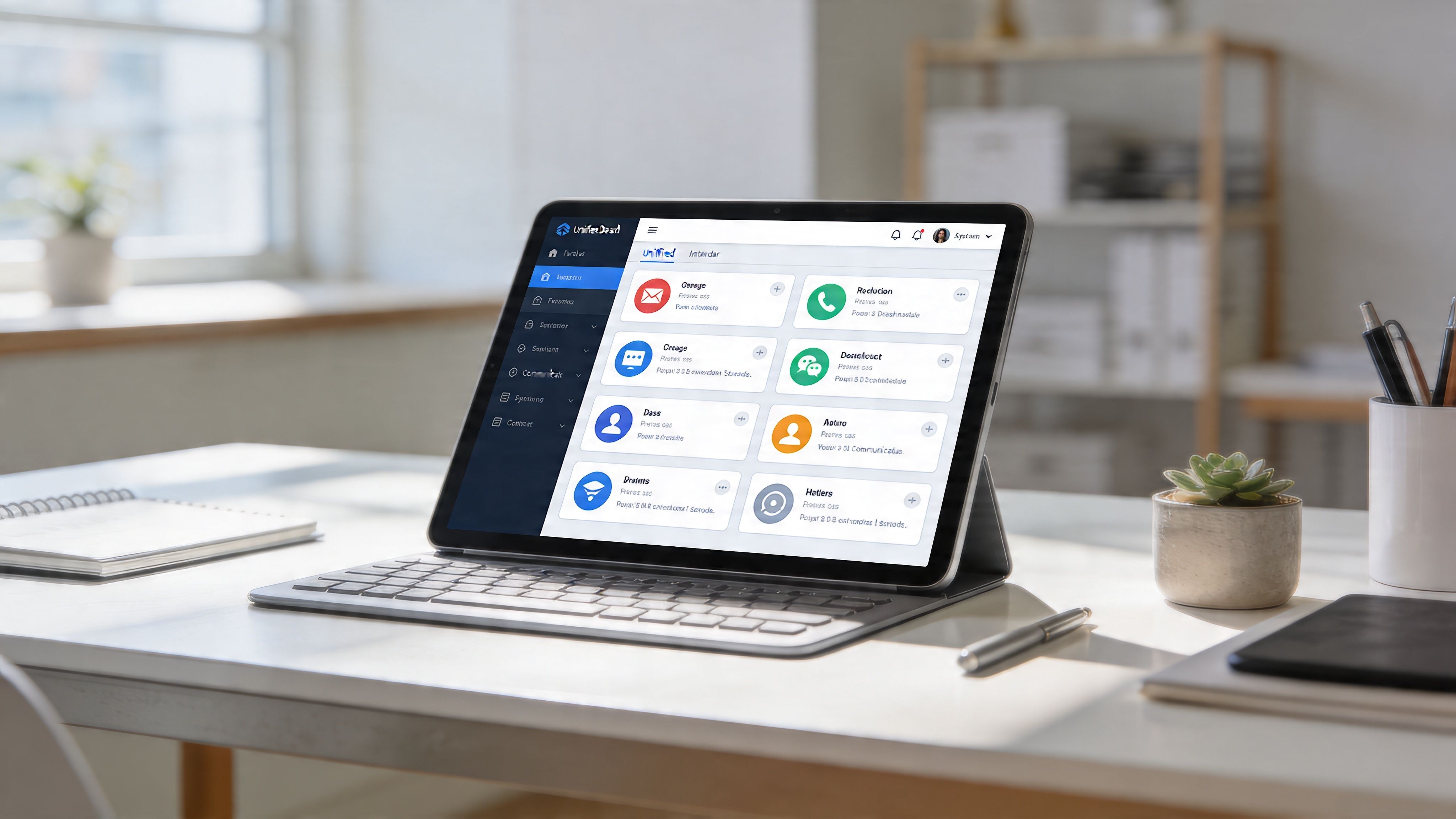Una tableta electrónica con una plataforma de comunicación interna abierta en un escritorio de oficina luminoso.