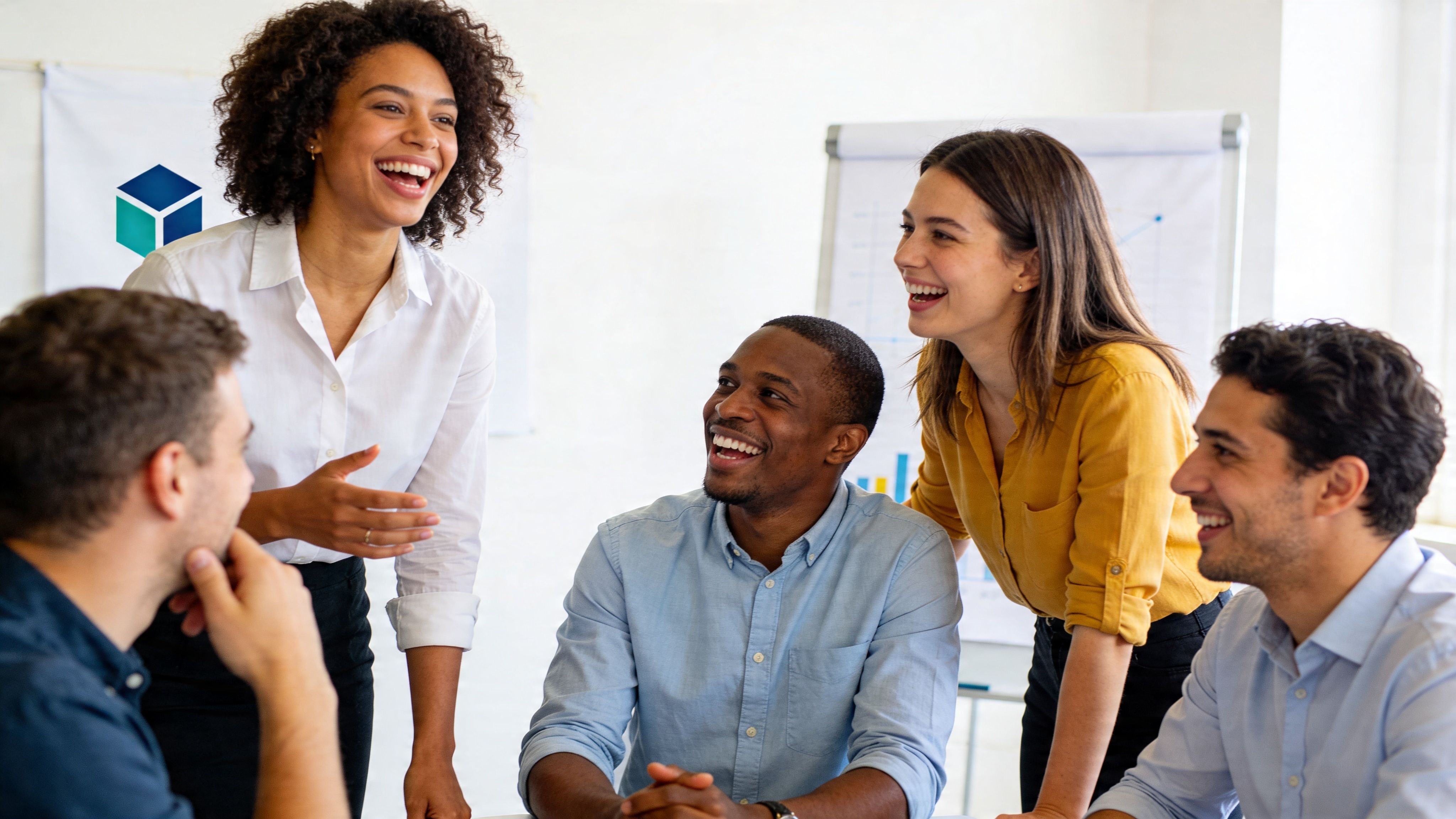 Un grupo de profesionales diversos y sonrientes conversando en una oficina colaborativa durante una reunión de equipo.