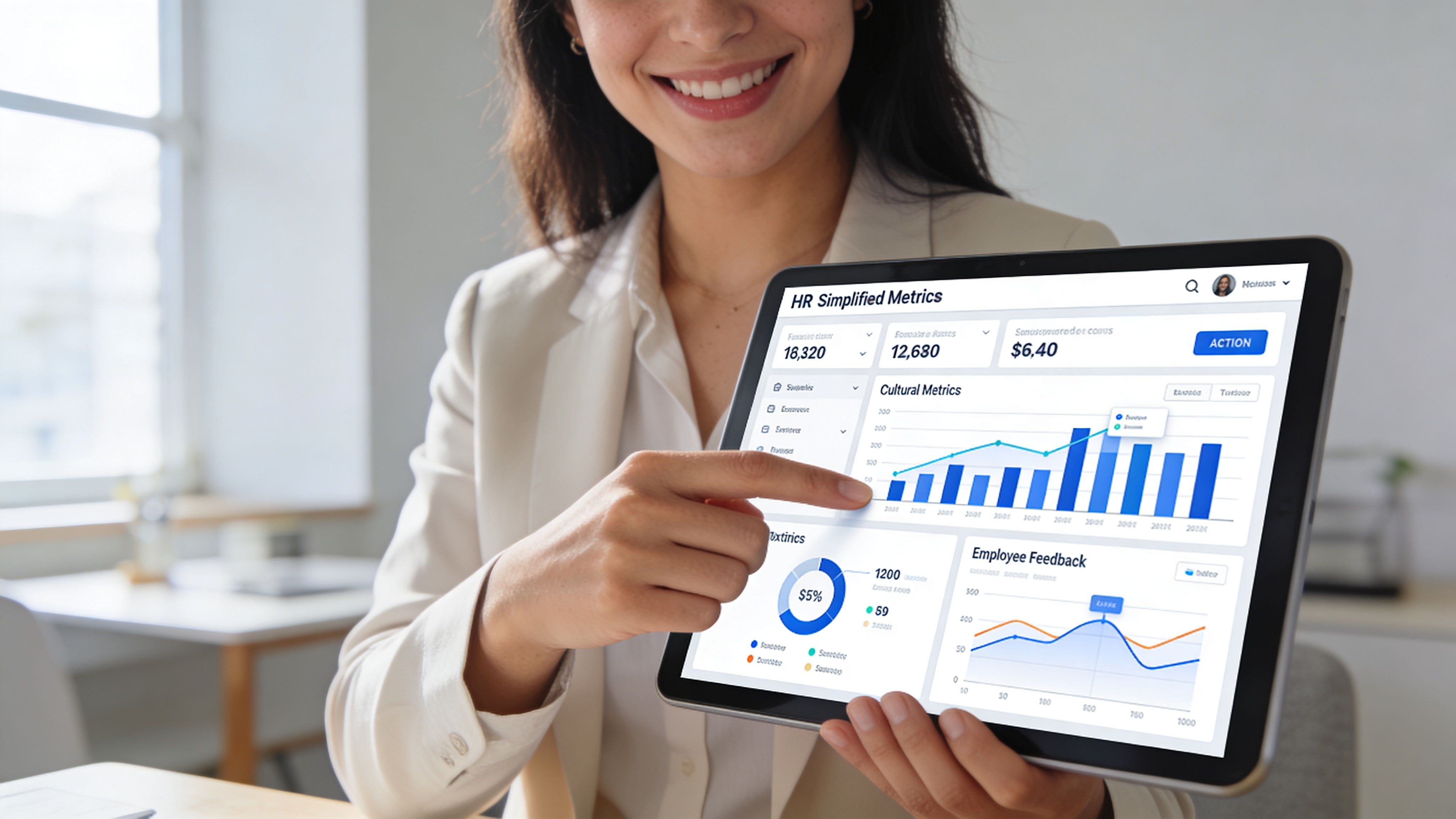 Una mujer de negocios sonriente sostiene una tableta mostrando métricas y gráficos sobre la cultura de empresa.