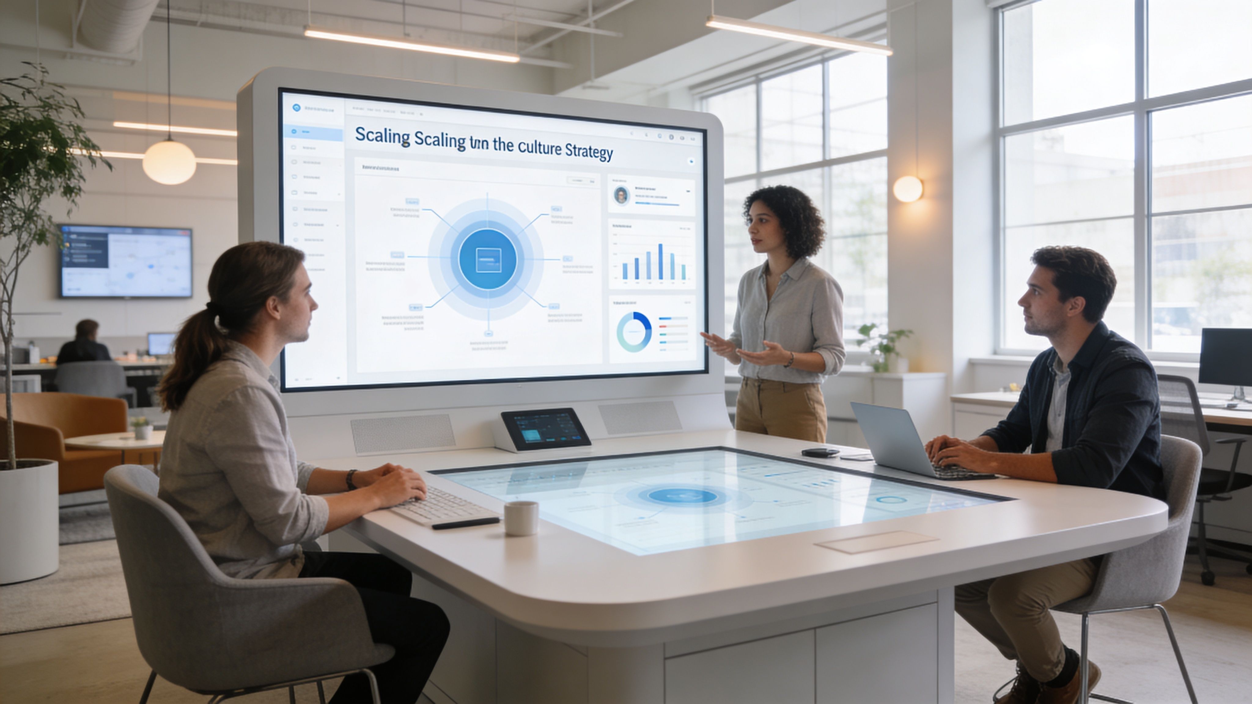 Tres profesionales reunidos colaborando con pantallas interactivas táctiles en una oficina moderna y luminosa para planificar estrategia