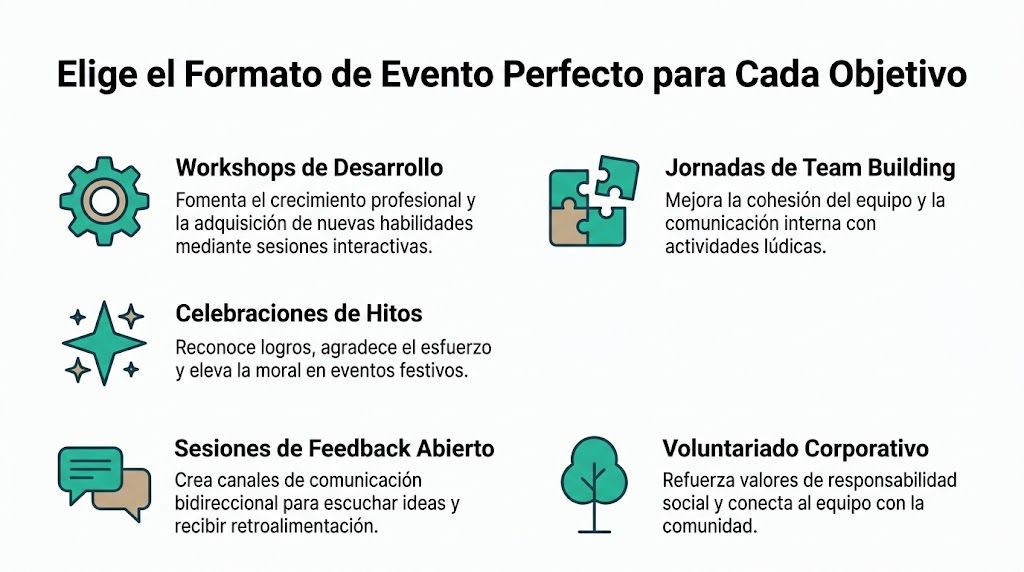Infografía sobre formatos de eventos corporativos ideales para fortalecer el compromiso y la cultura en el equipo.