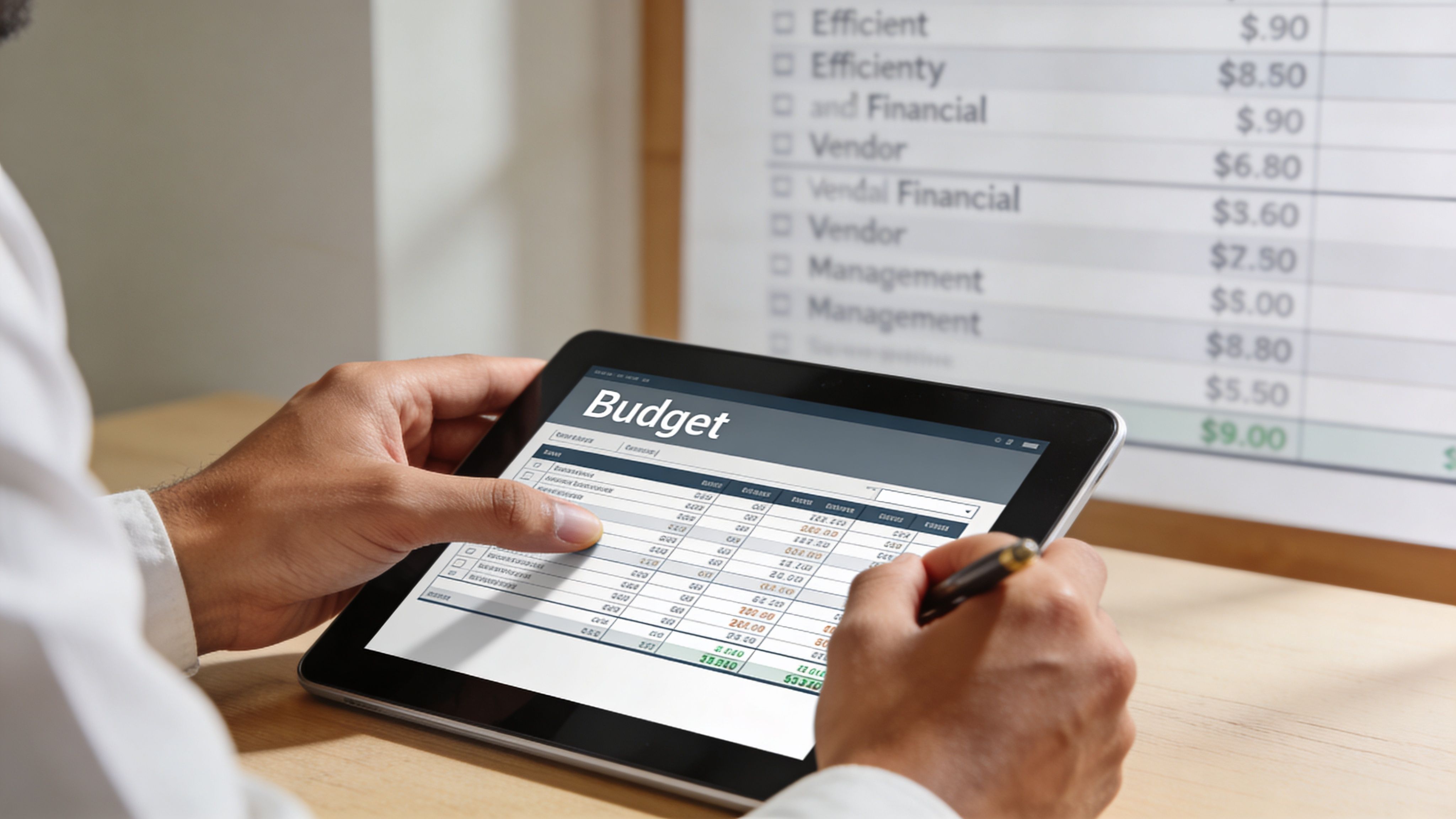 Una persona revisando un presupuesto detallado en una tableta digital mientras trabaja frente a una pantalla.