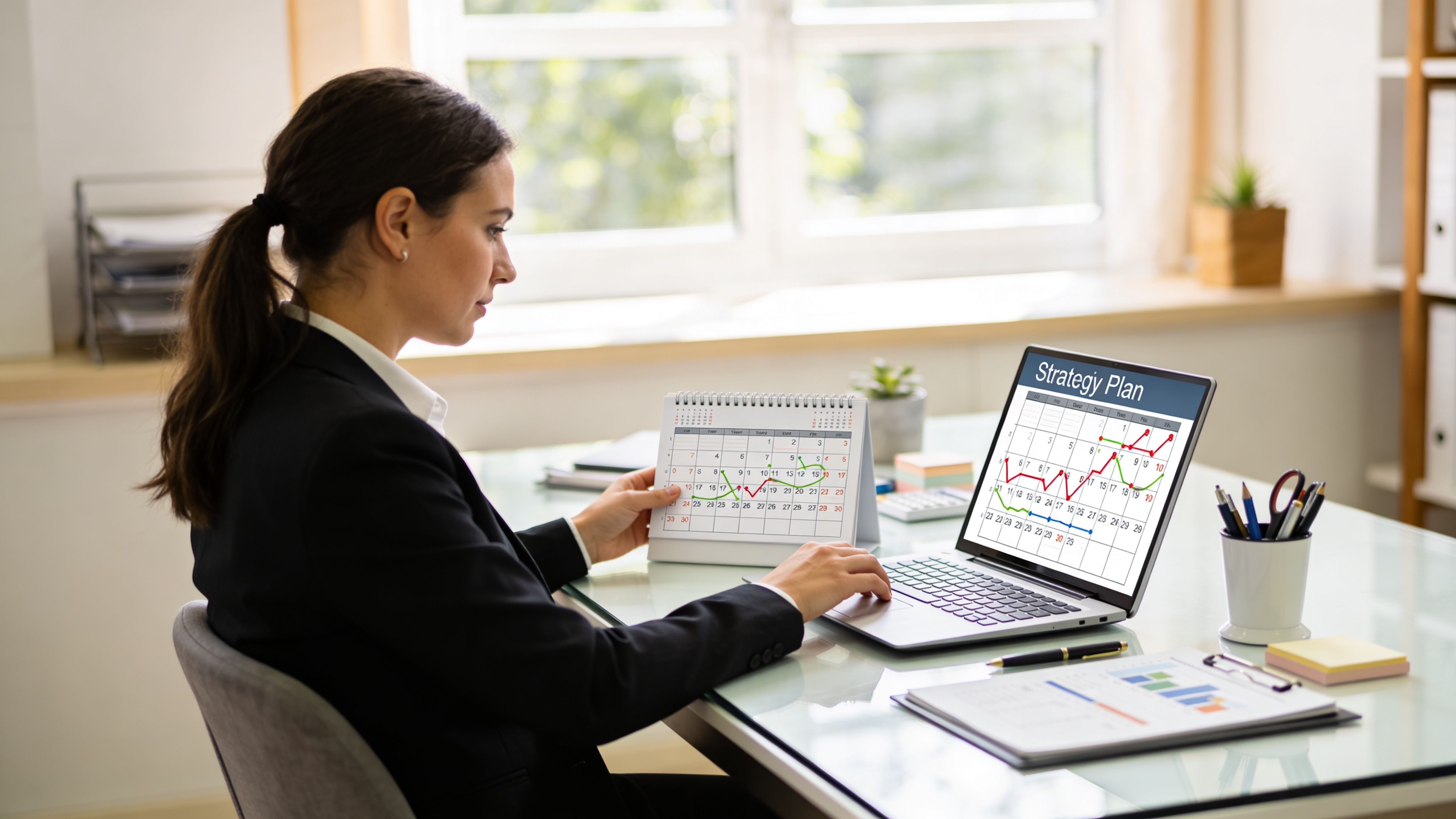 Una empleada de negocios revisa un calendario y una computadora con planes de estrategia en su oficina.