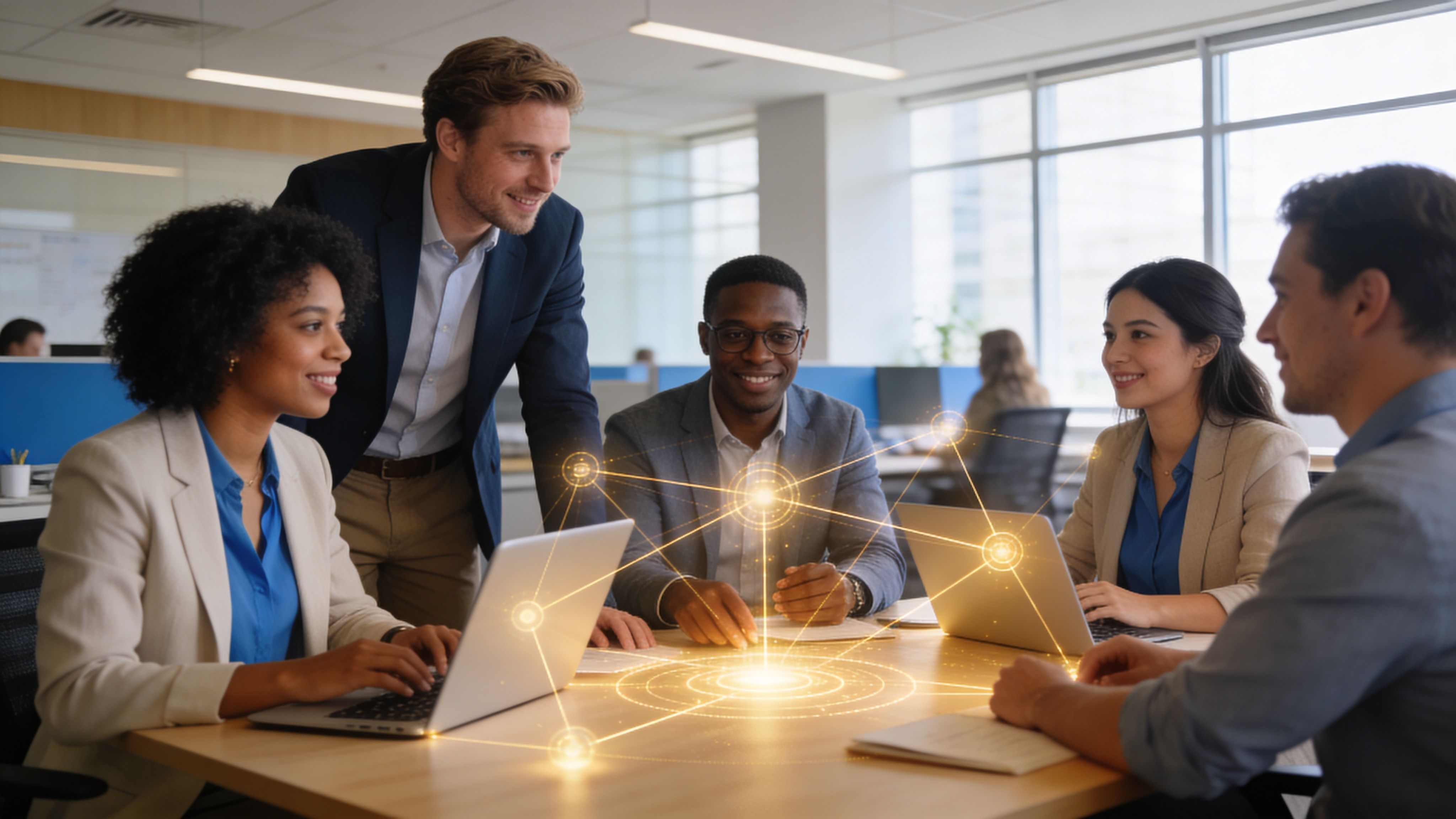 Un equipo diverso de profesionales colaborando en una oficina moderna utilizando tecnología de red digital interconectada.