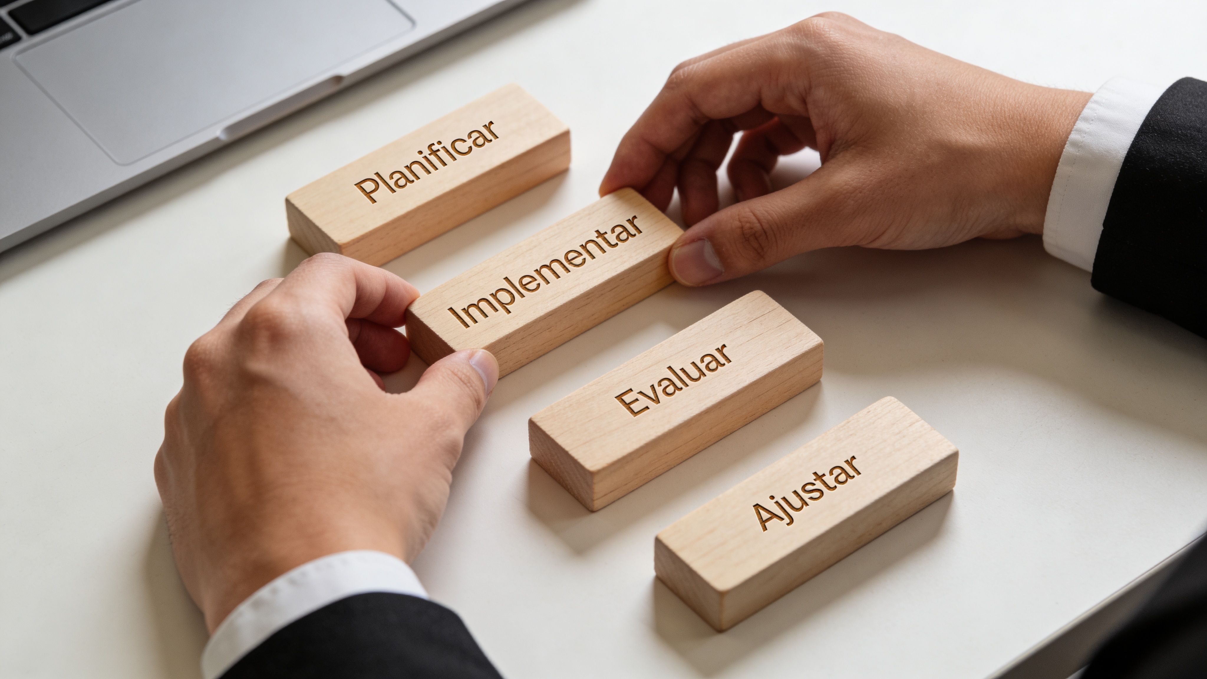 Persona en traje organizando bloques de madera con los conceptos de planificar, implementar, evaluar y ajustar.